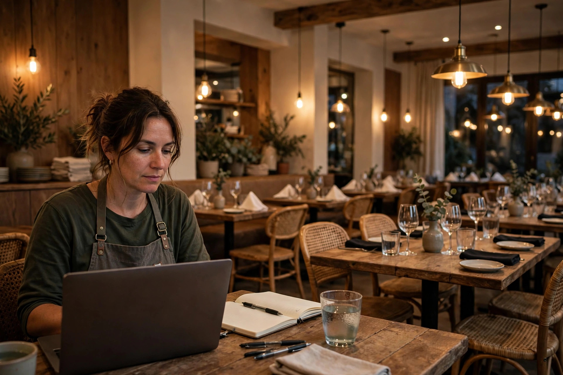 A restaurant owner calmly reviewing feedback on a laptop in their warmly lit dining room before service.