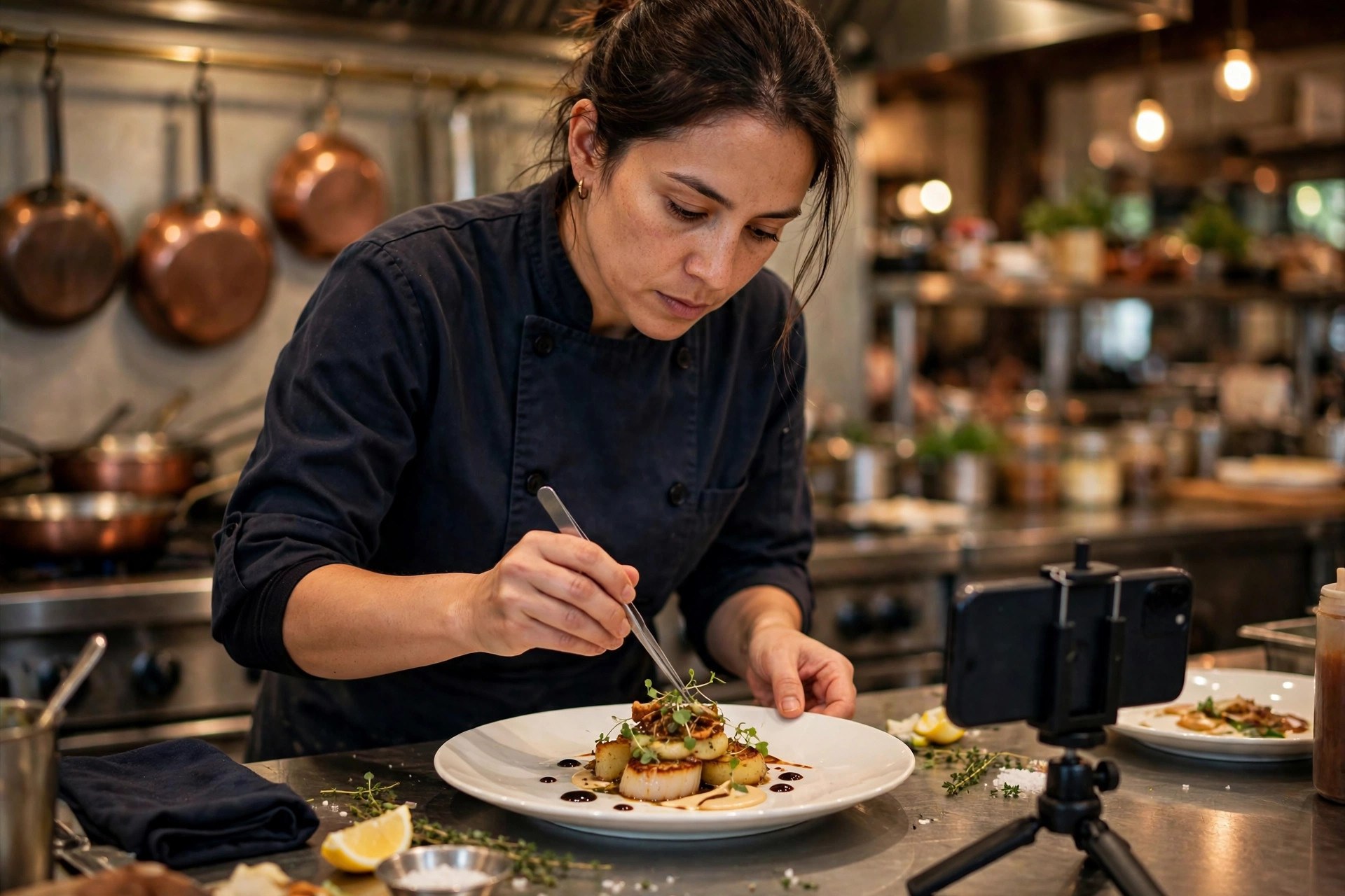 En kock som lägger upp en gourmeträtt i ett restaurangkök medan en smartphone på stativ filmar arbetet