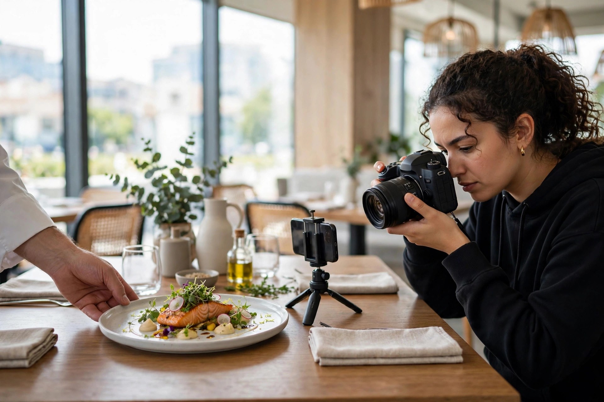 En kreatör som fotograferar en upplagd laxfilé på en ljus modern restaurang medan kocken presenterar tallriken