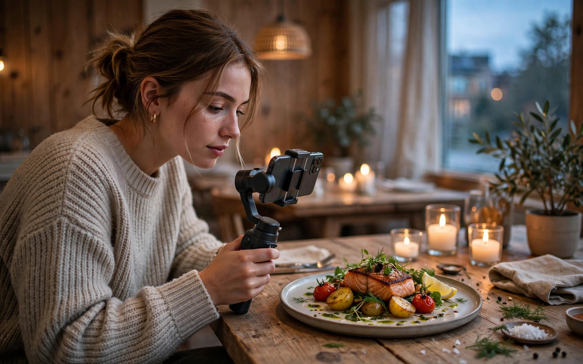 Matinfluenser som filmer en vakker anrettet rett med mobiltelefon i en varm restaurant