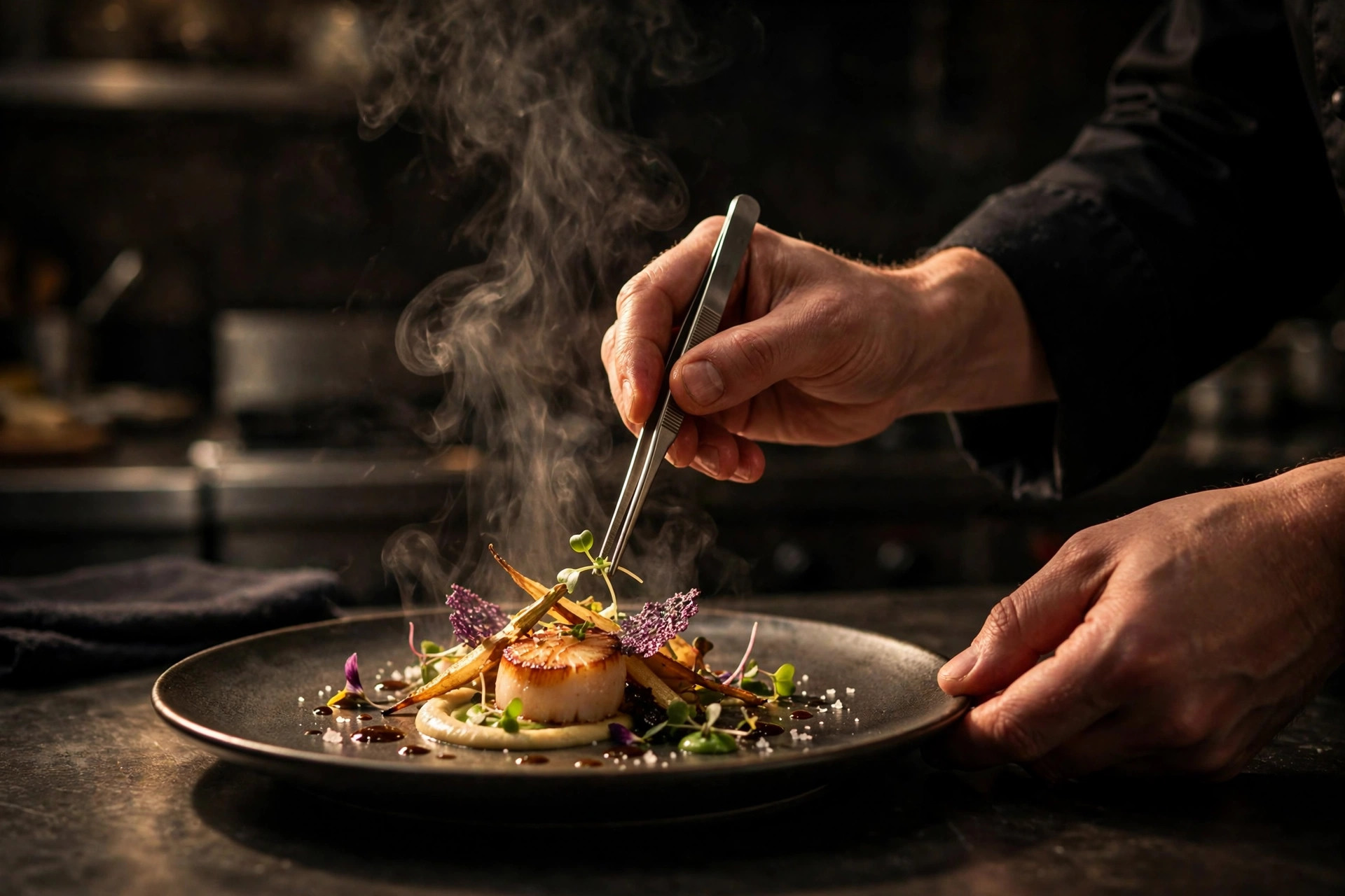 Kockens händer lägger upp en rätt i ett professionellt restaurangkök med ånga som stiger