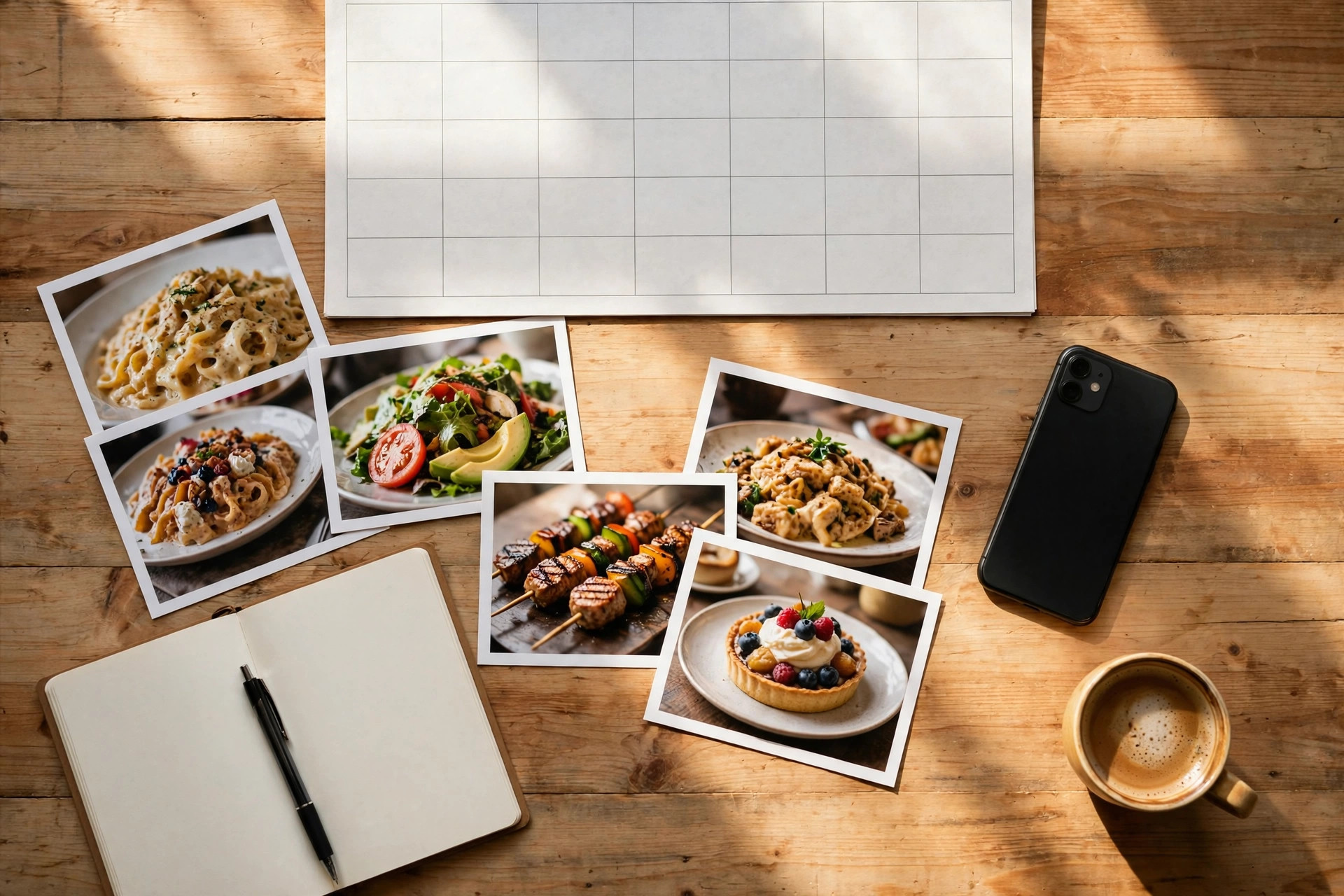 Planleggingsbord for restaurantens sosiale medier med blank månedskalender, matbilder, notatbok og smarttelefon