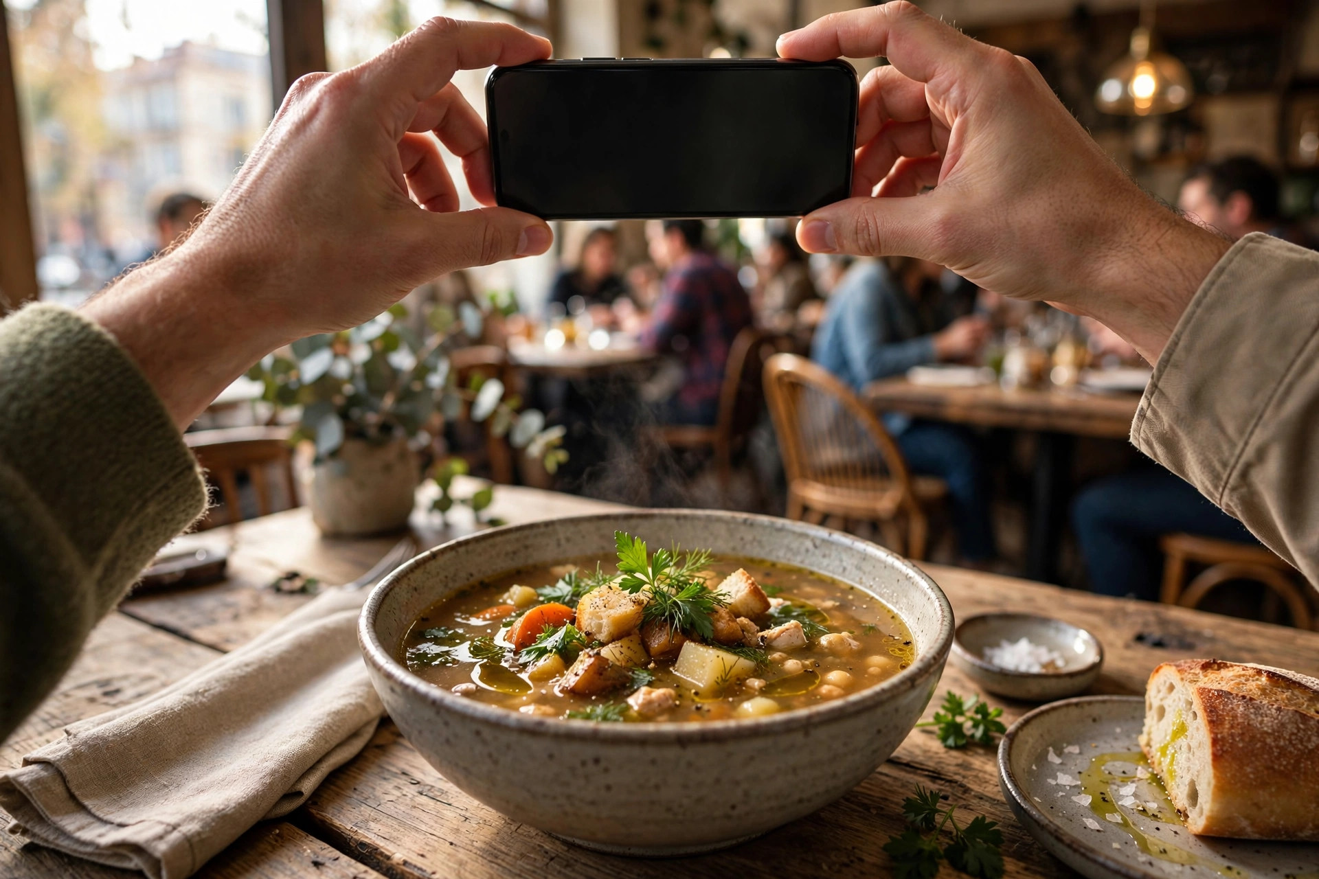 A diner photographing a bowl of soup with a smartphone at a busy restaurant table — the kind of guest content smart restaurants repost in Stories