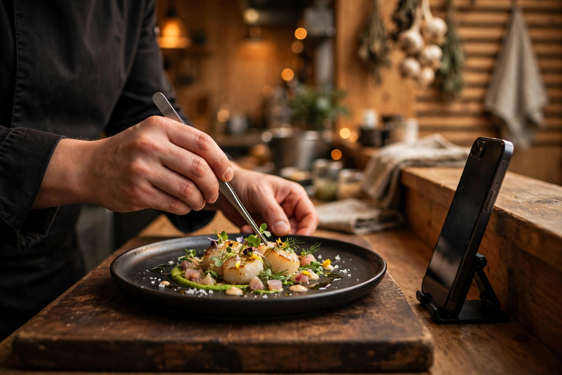 A chef's hands plating a dish in a warm Nordic restaurant kitchen while a smartphone films the process for Instagram Stories