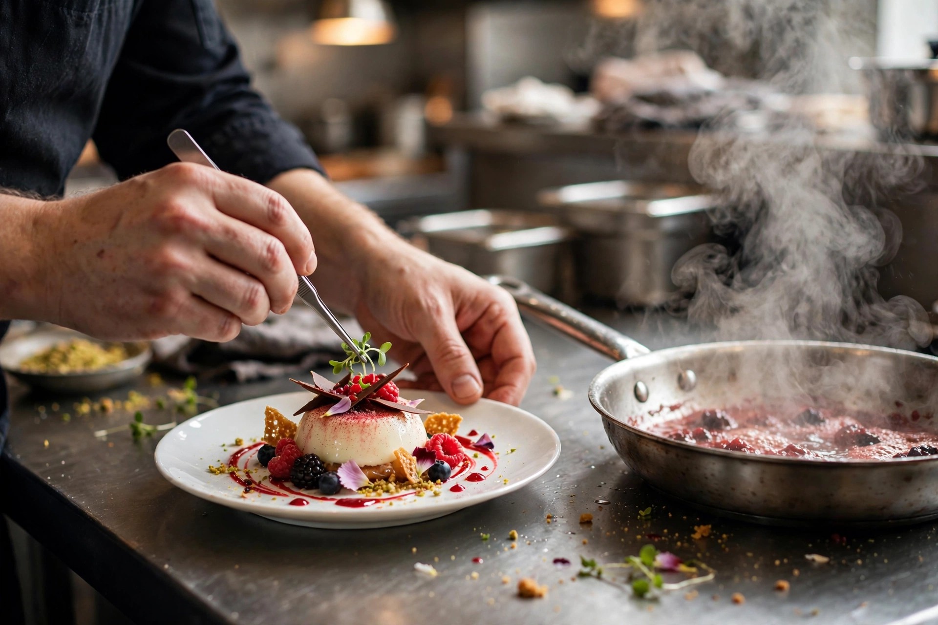 Kokkehender som anretter en dessert på et restaurantkjøkken med damp stigende fra varme retter