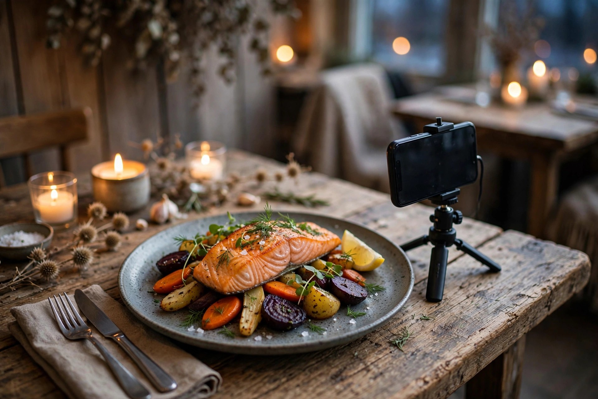 Smarttelefon på stativ filmer en vakkert anrettet lakserett på et rustikt restaurantbord i levende lys