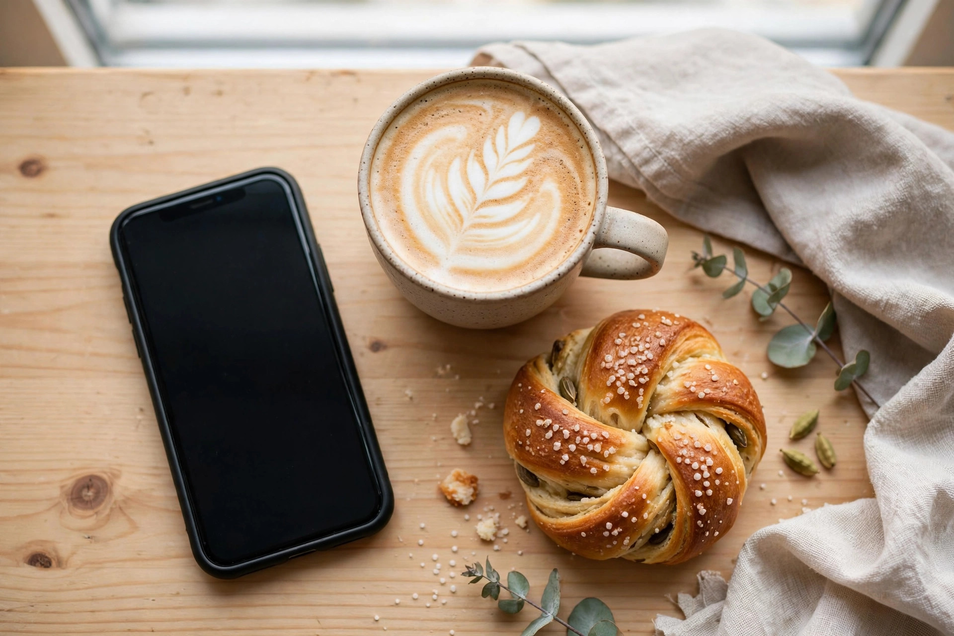 Älypuhelin, latte-art-kahvi ja korvapuusti puisella kahvilapöydällä ylhäältä kuvattuna