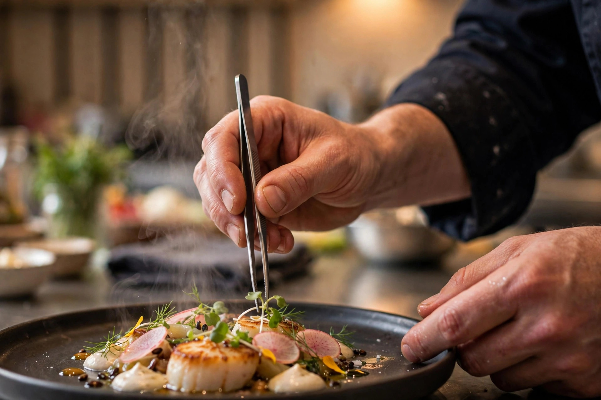 A chef's hands finishing a plated dish with tweezers in a professional Nordic restaurant kitchen