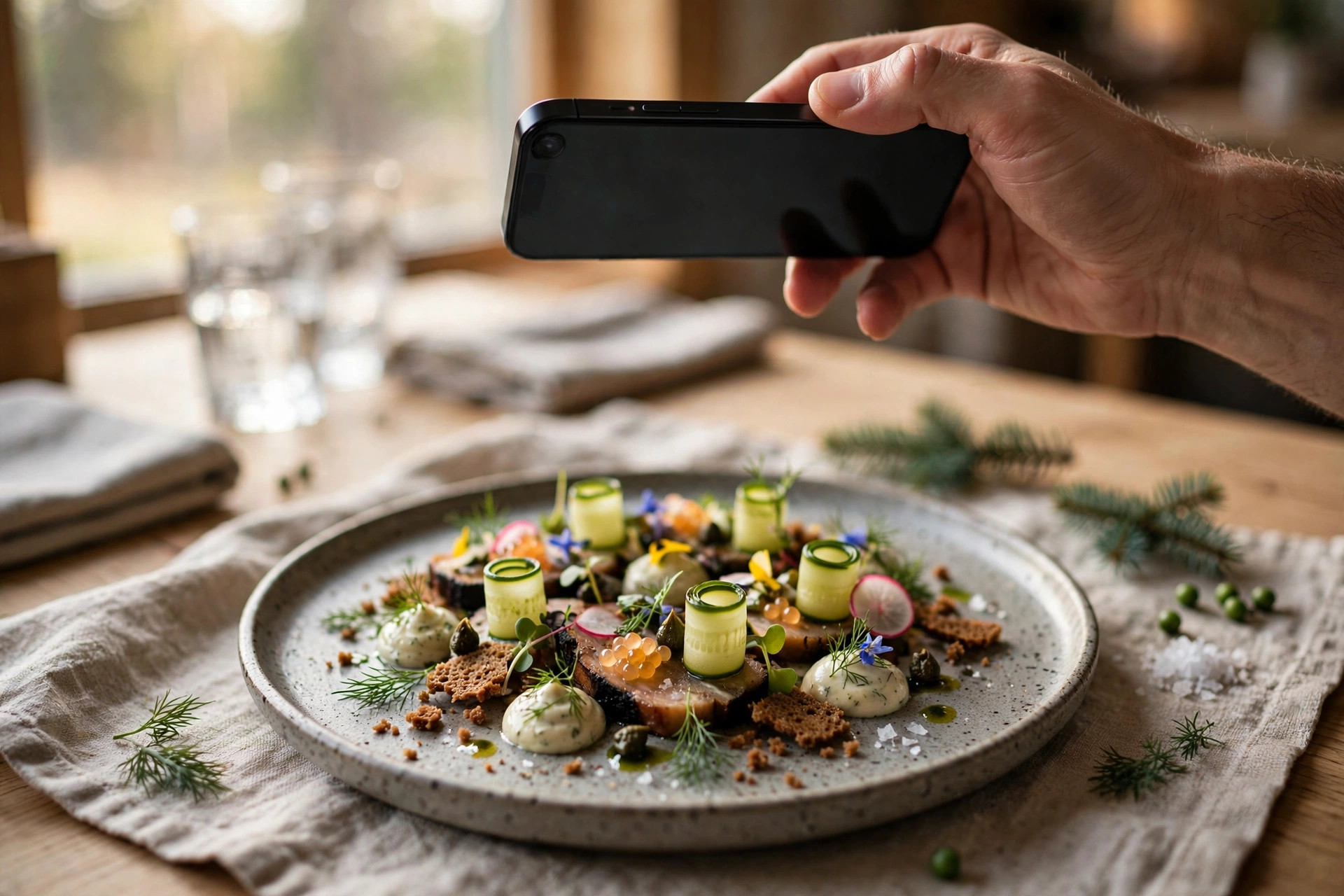 A beautifully plated Nordic restaurant dish being photographed with a smartphone in warm window light