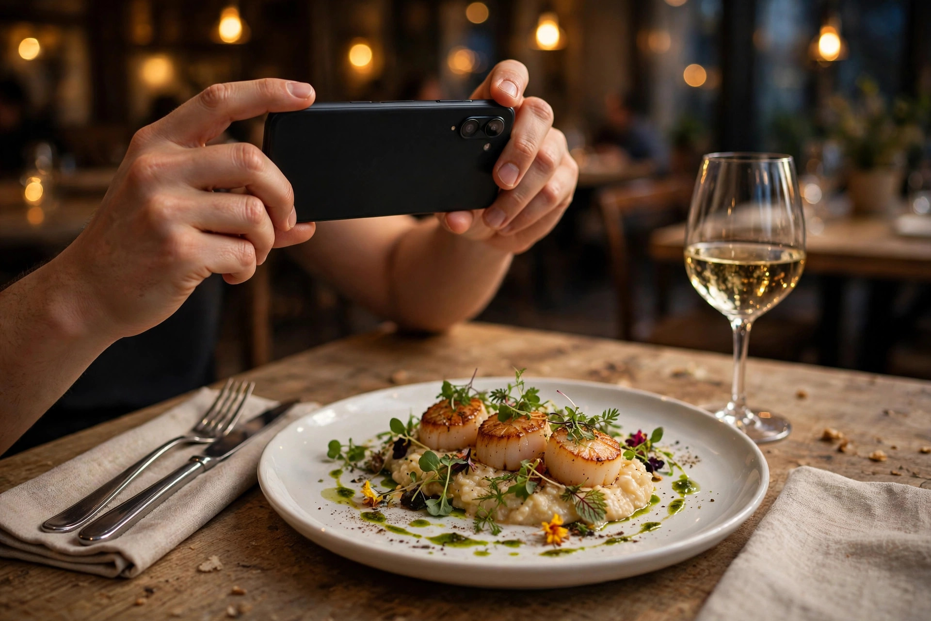 Händer som håller en smartphone och fotograferar en vackert upplagd rätt med pilgrimsmusslor på ett restaurangbord