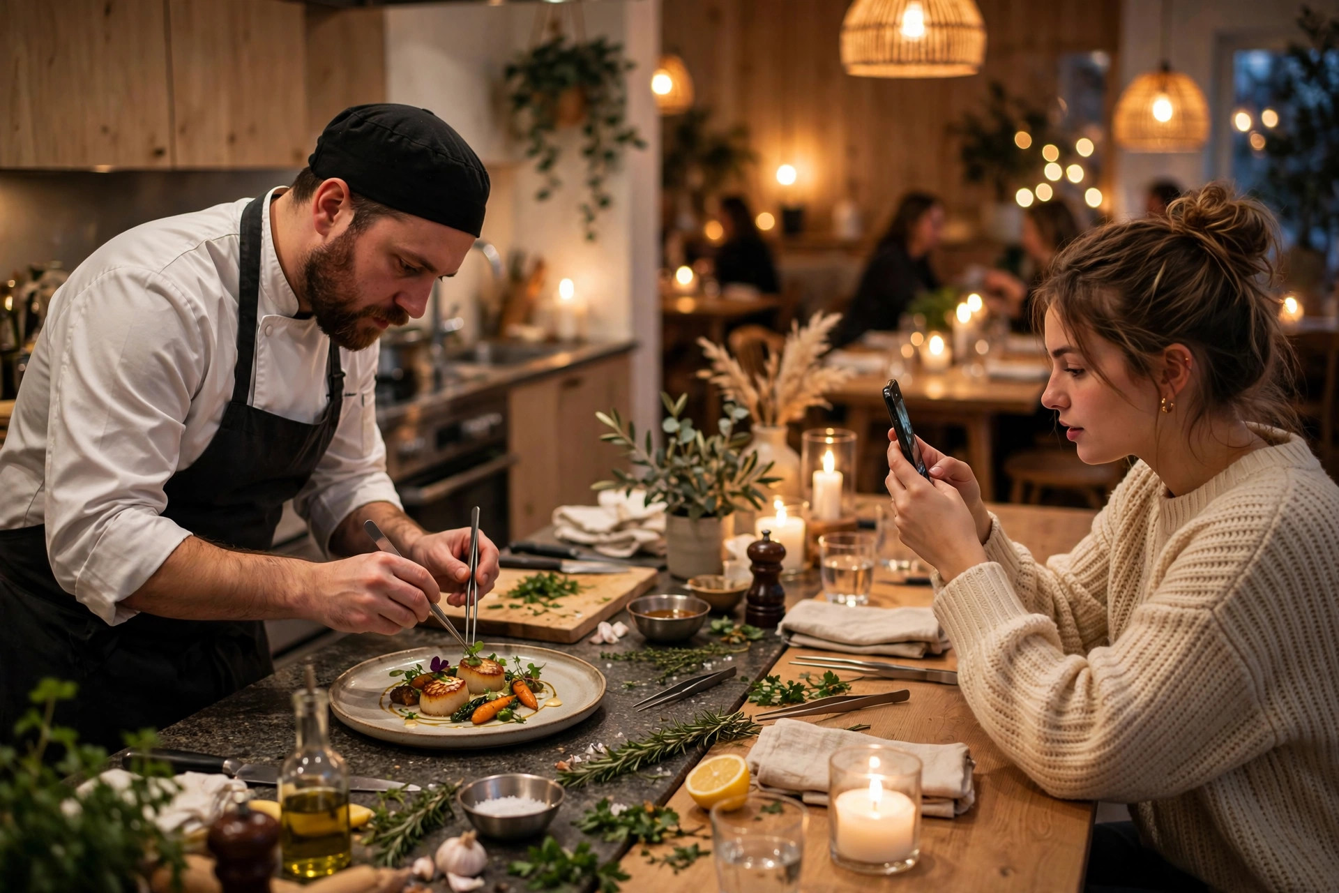 Kock lägger upp en rätt i ett skandinaviskt restaurangkök medan en gäst fotograferar tallriken med mobilen för Instagram