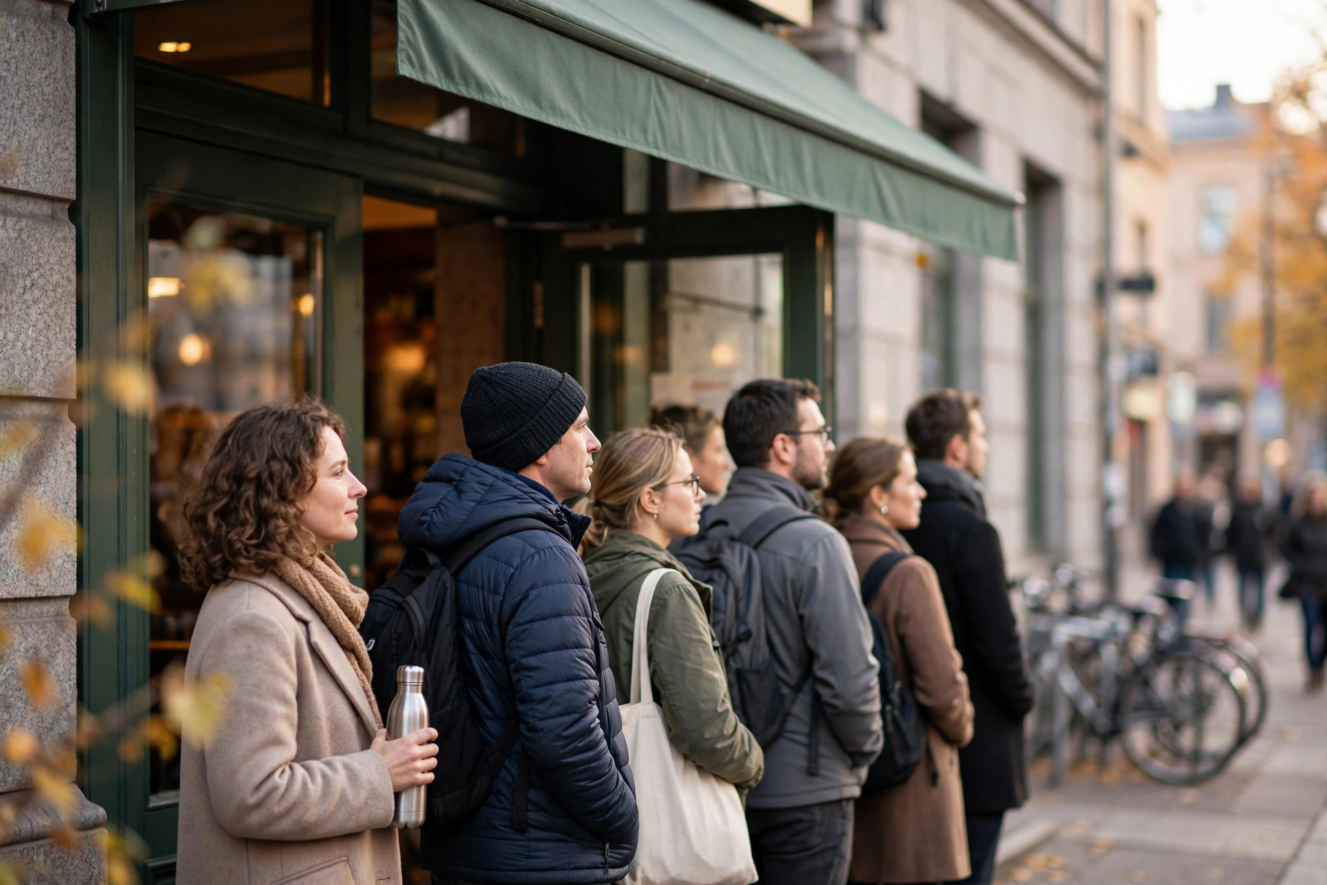 Ihmisiä jonottamassa suositun ravintolan ovella lounasaikaan Helsingissä