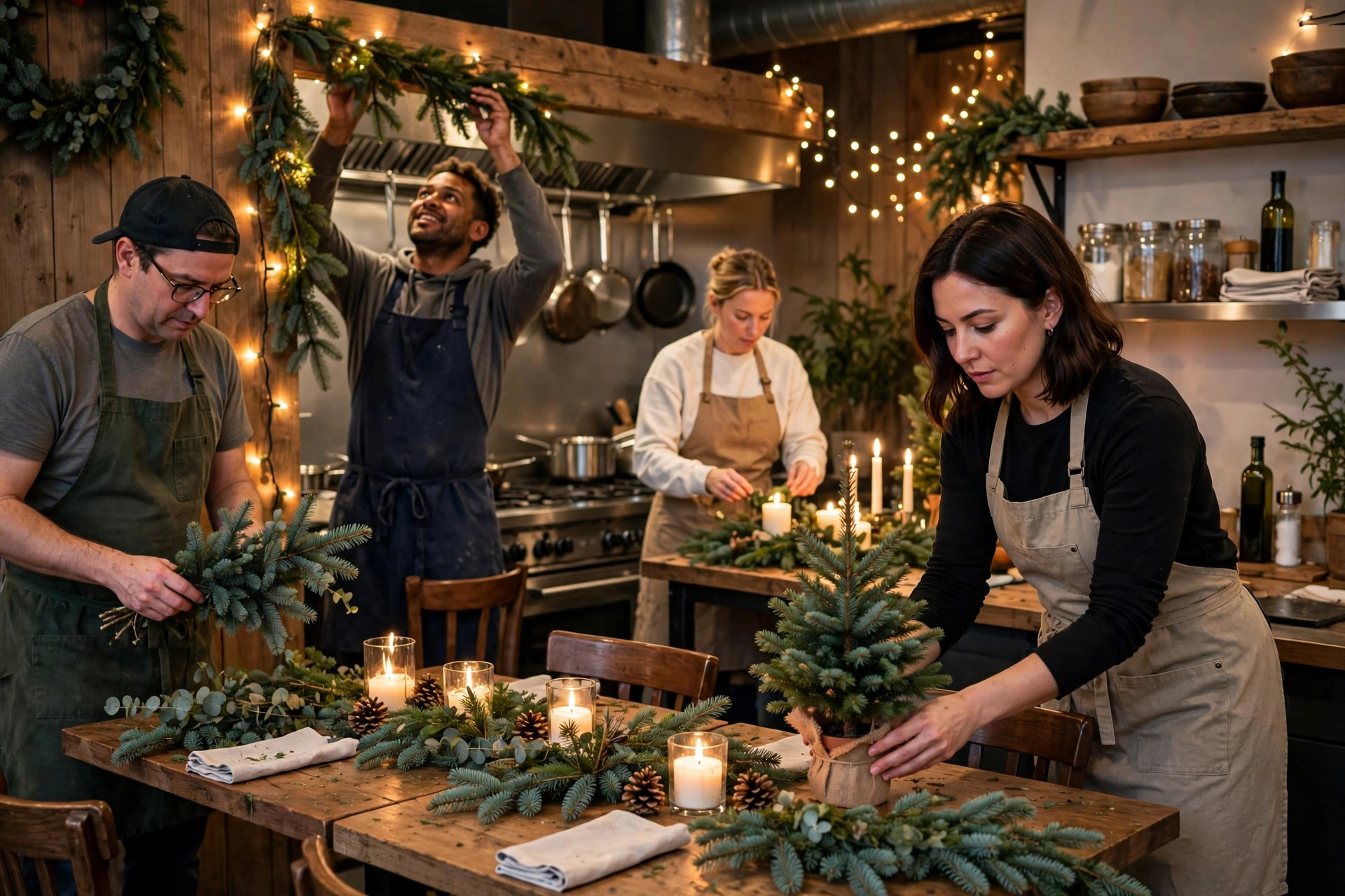 Restaurangpersonal som julpyntar matsalen med granris och ljus inför julbordssäsongen