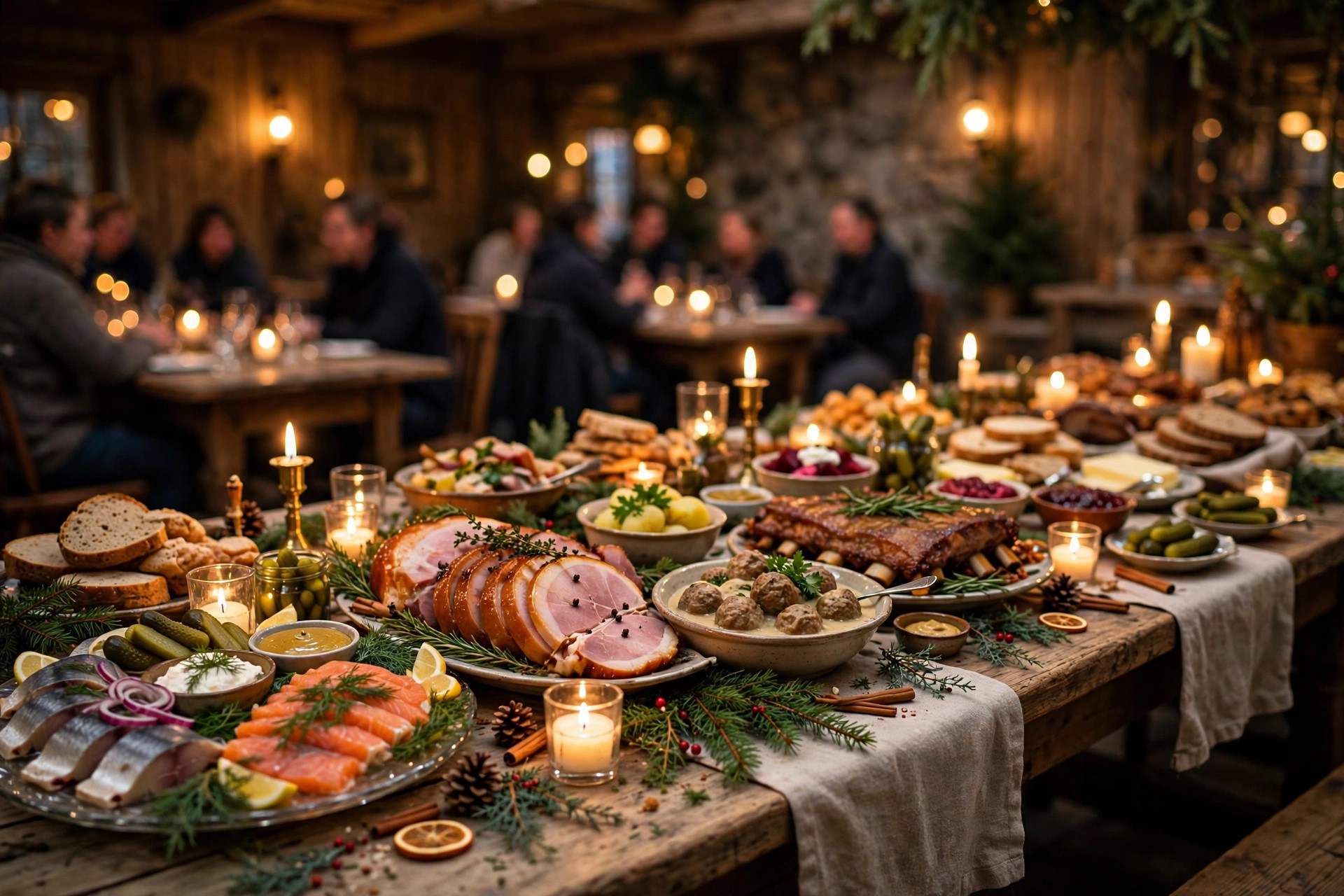 Klassiskt svenskt julbord med sill, lax, skinka och köttbullar i levande ljus
