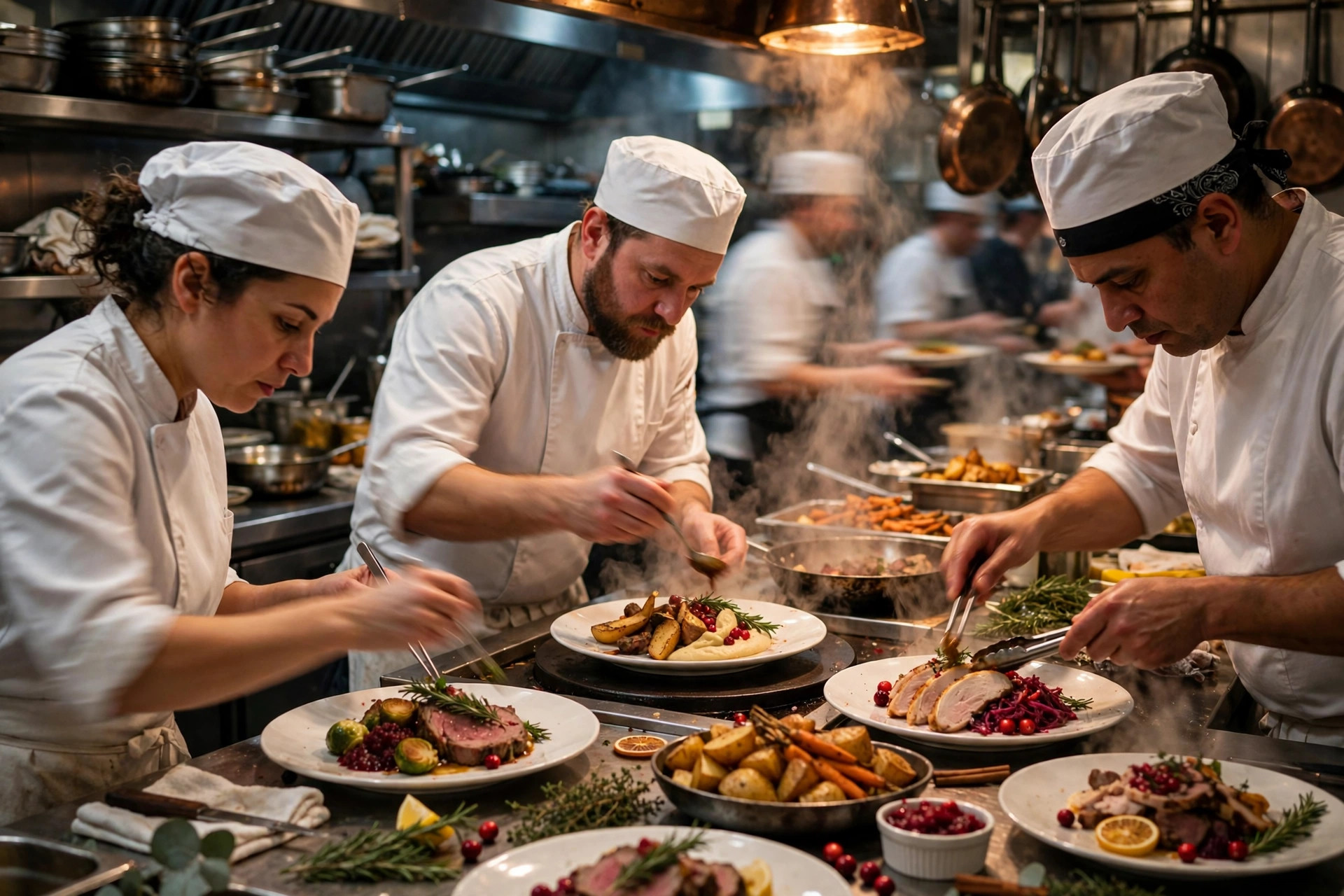 Kokker i travelt restaurantkjøkken som anretter julemat under desemberservering
