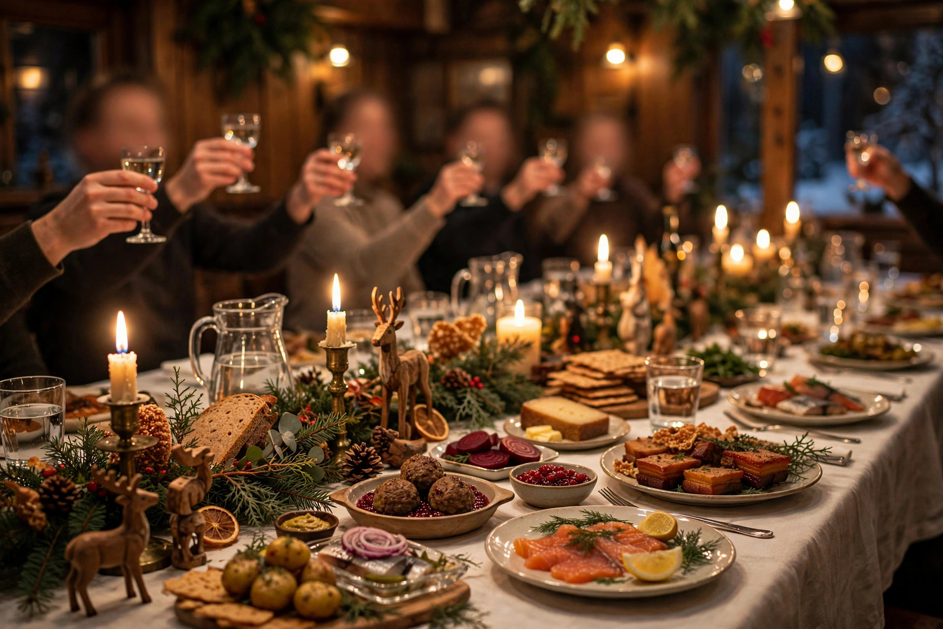 Festpyntet langbord med julemat og tente lys der gjester skåler under et julebord
