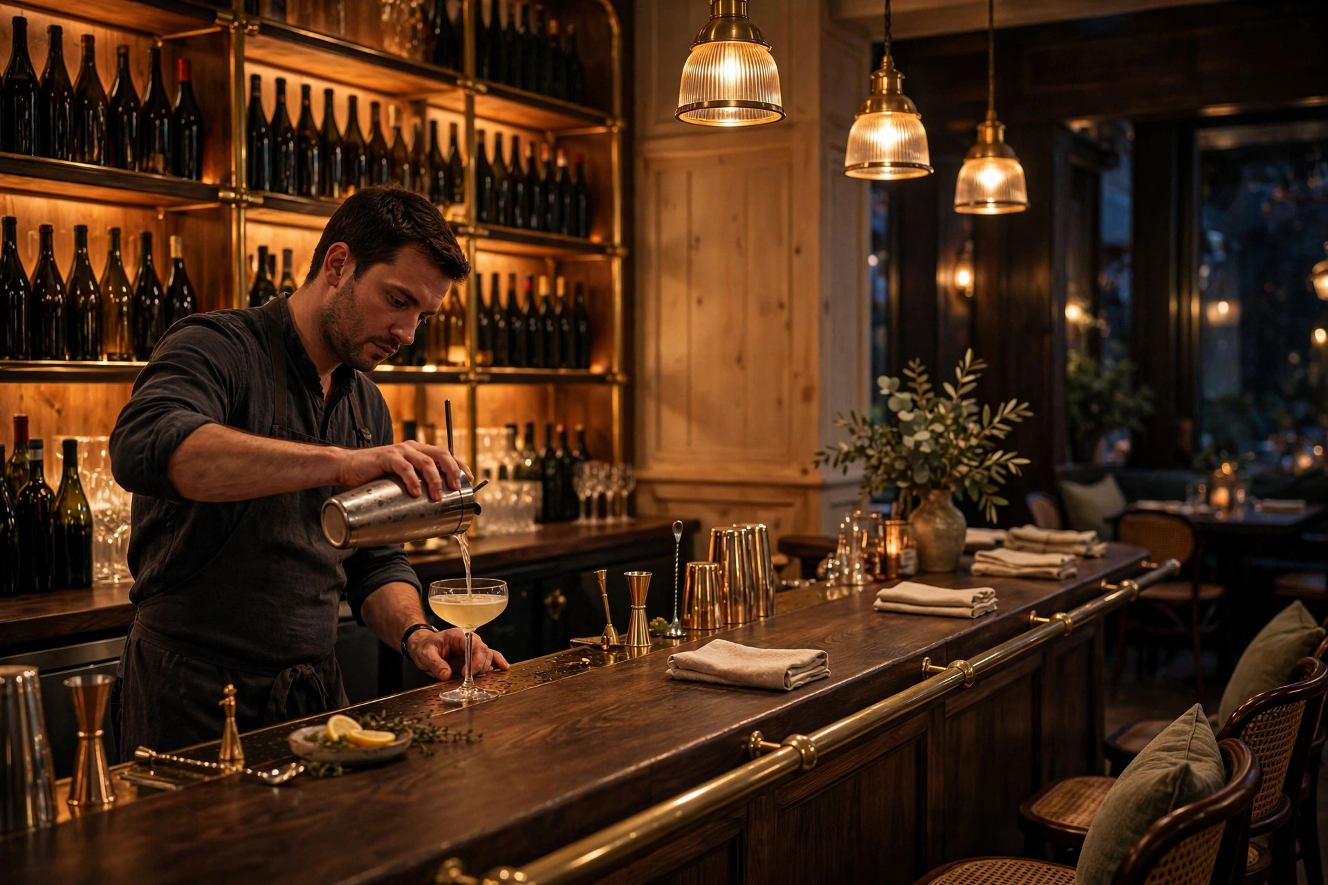 Baarimikko kaataa cocktailia tunnelmallisessa ravintolabaarissa, taustalla viinipullohylly