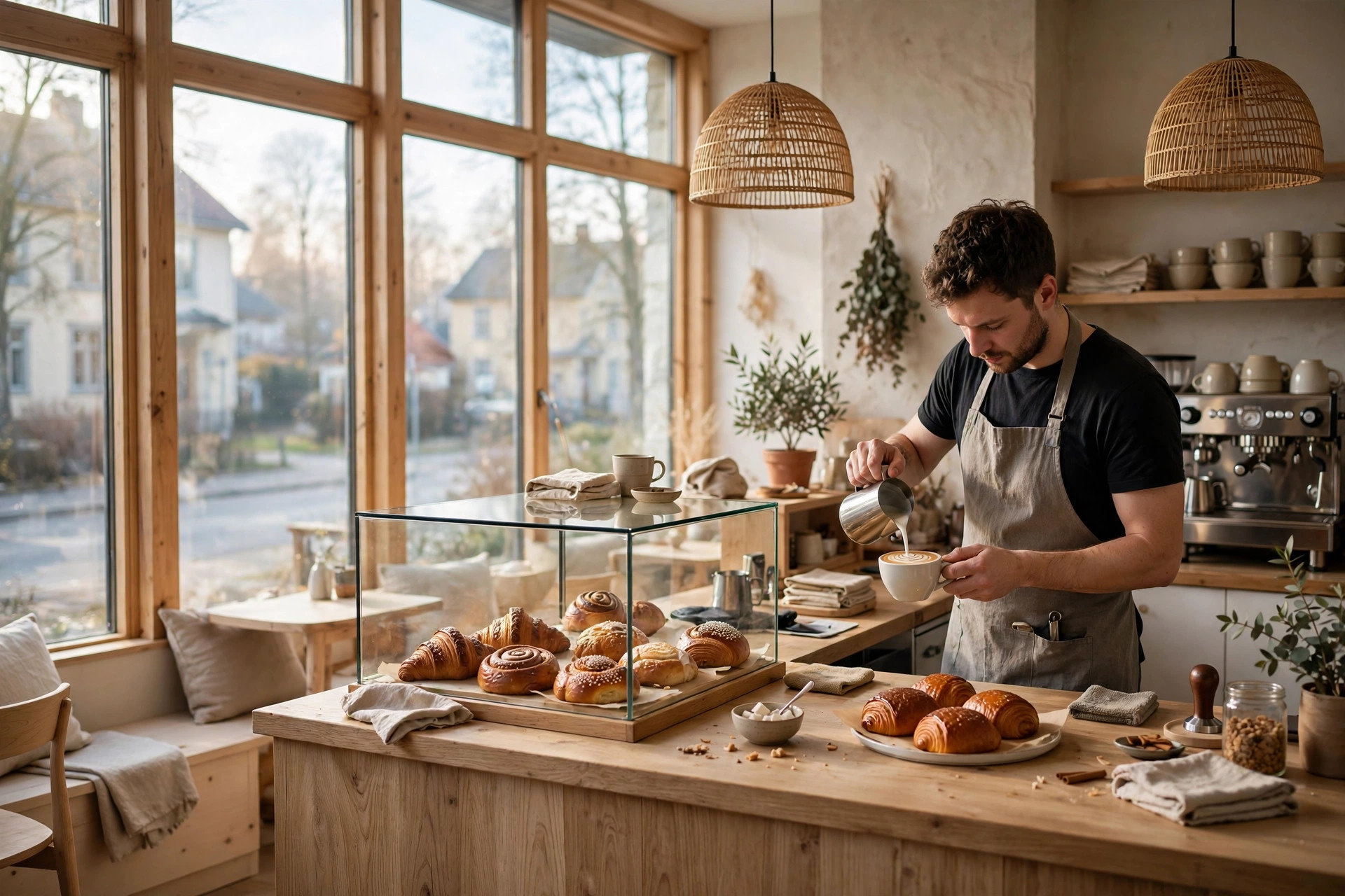 Barista häller upp latte art bakom en kafédisk med nybakade bullar i glasmonter