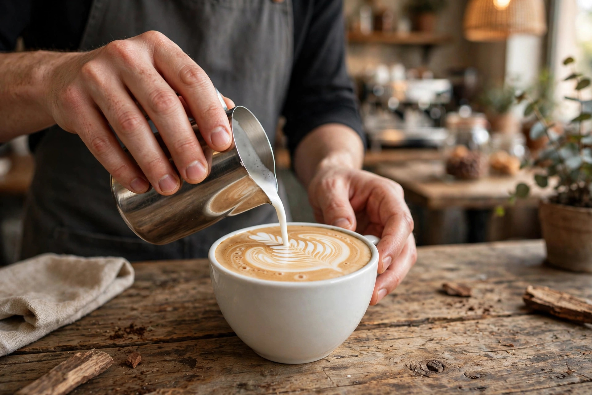 Baristan kädet viimeistelevät cappuccinon rosetta-kuviolla puisella kahvilapöydällä