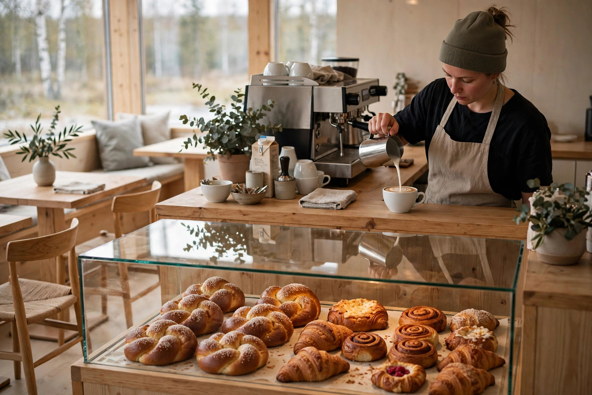 Lämmin suomalainen kahvila aamulla: barista kaataa flat whitea puutiskillä, vitriinissä tuoreita pullia ja leivonnaisia