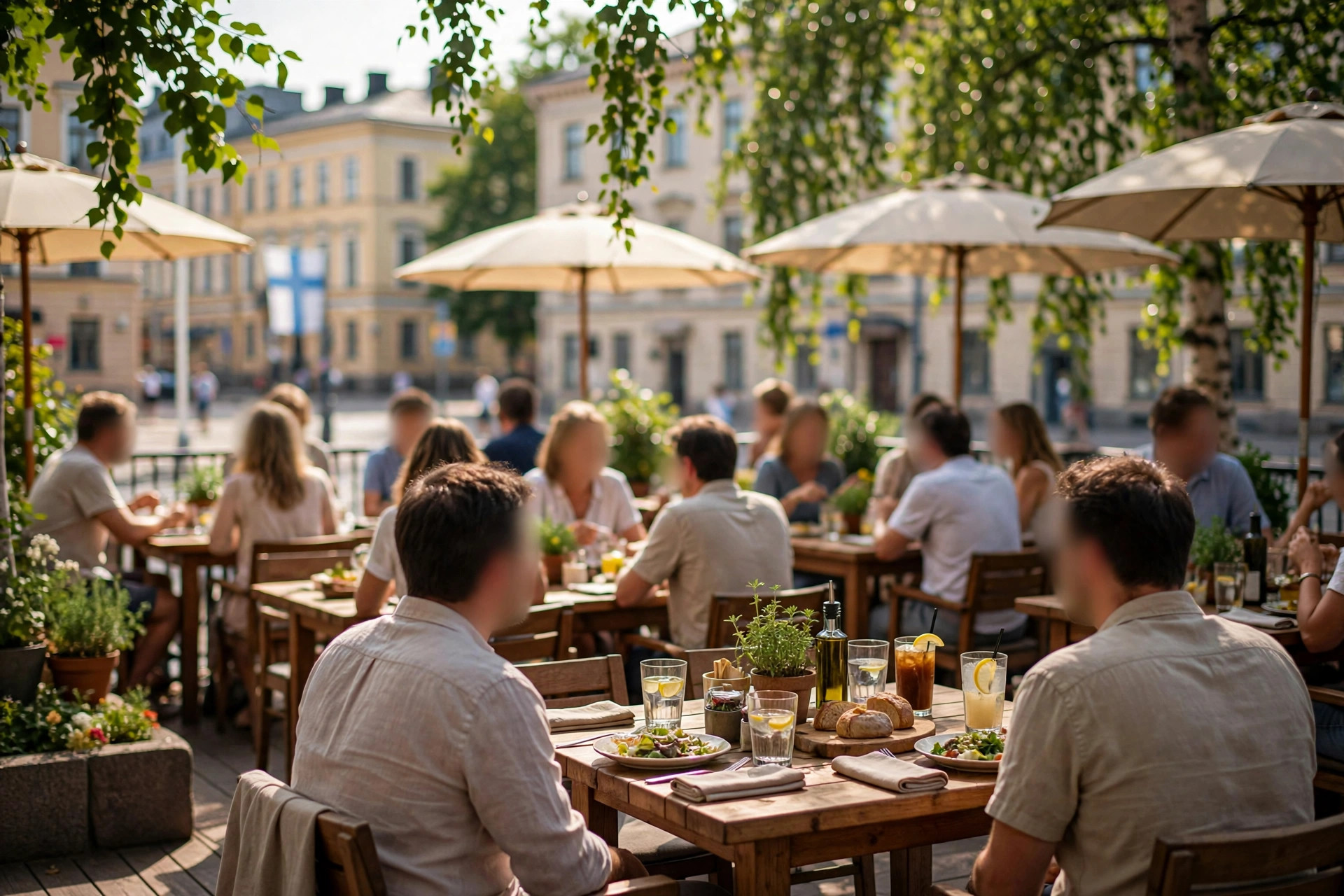 Aurinkoinen ravintolaterassi Helsingissä, asiakkaita ruokailemassa
