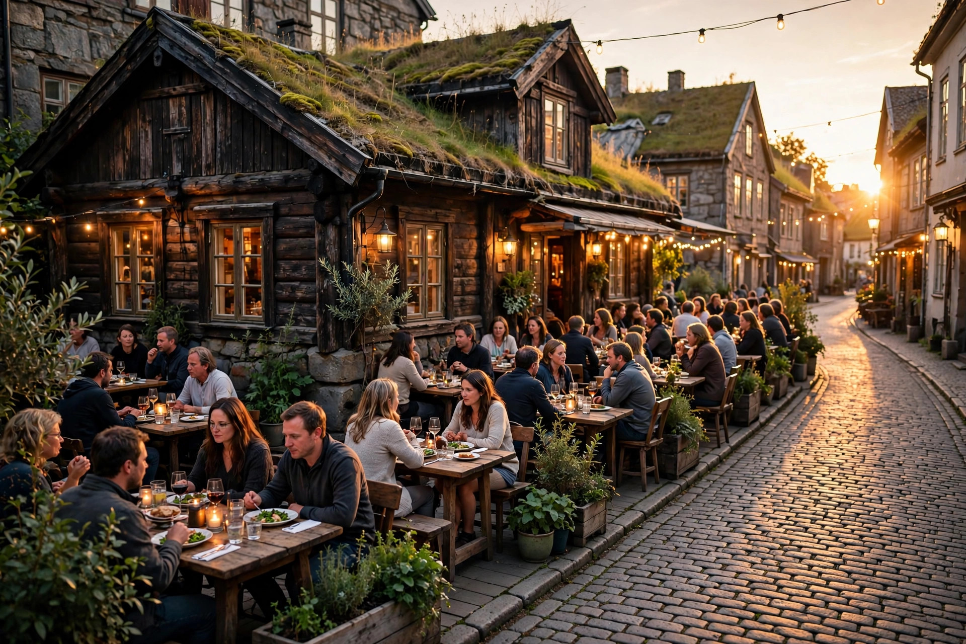 Pohjoismainen ravintola kulta-aikaan, vilkas terassi täynnä ruokailevia ihmisiä mukulakivikadulla