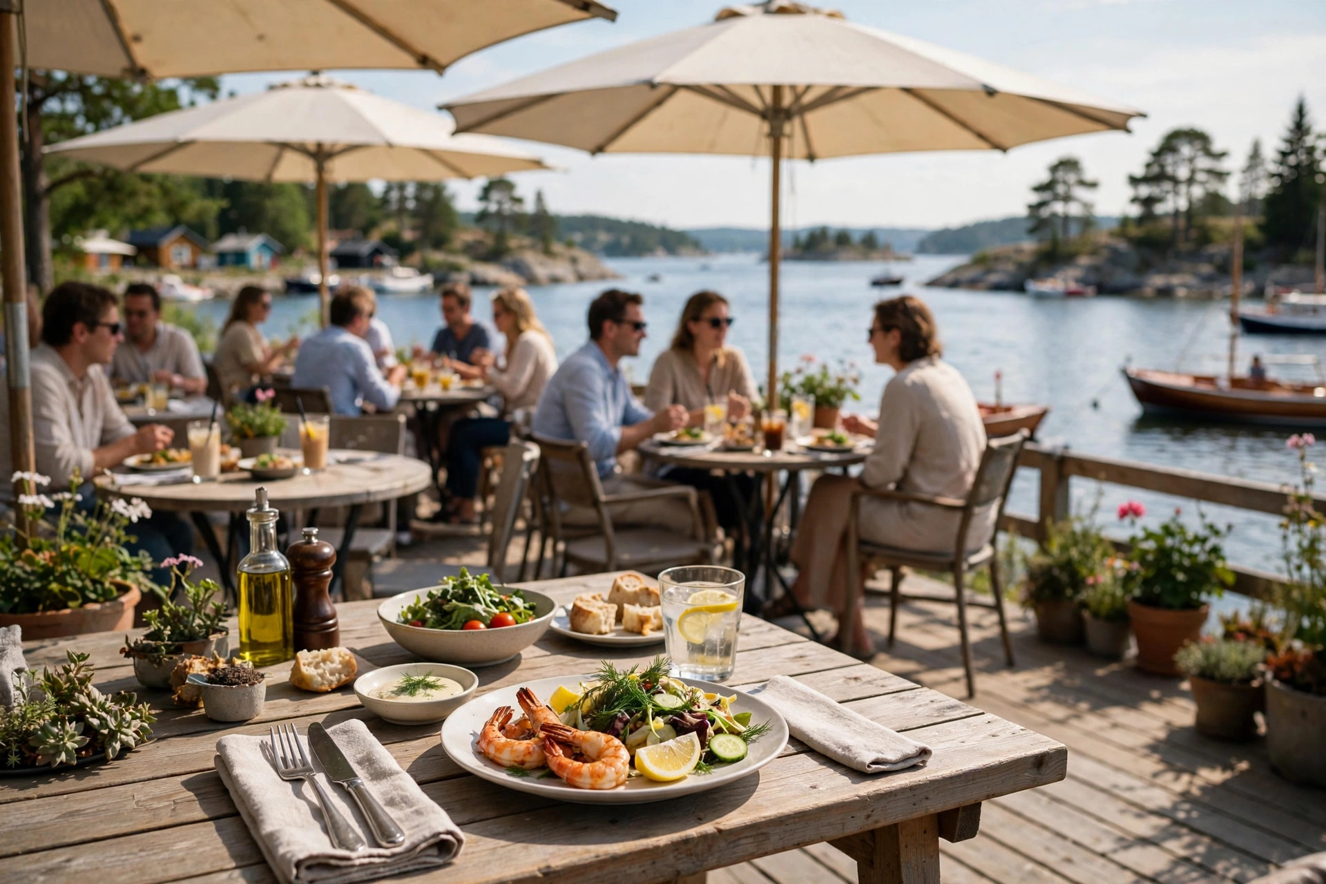 Solig uteservering vid vattnet på en svensk restaurang i sommar