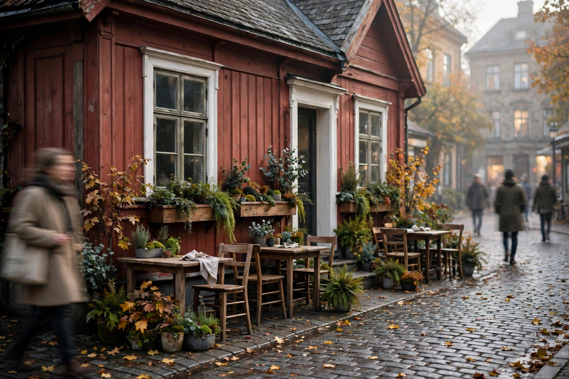 Charmigt svenskt kafé med uteservering på kullerstensgata i höstljus