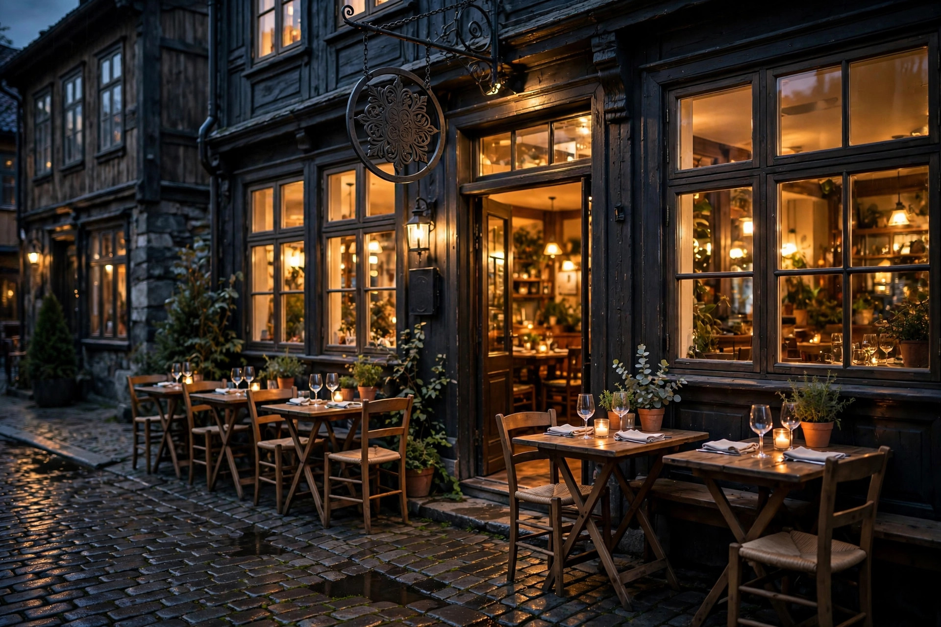 Sjarmerende norsk restaurantinngang om kvelden med klassisk hengende skilt og varmt lys som strømmer ut av vinduene