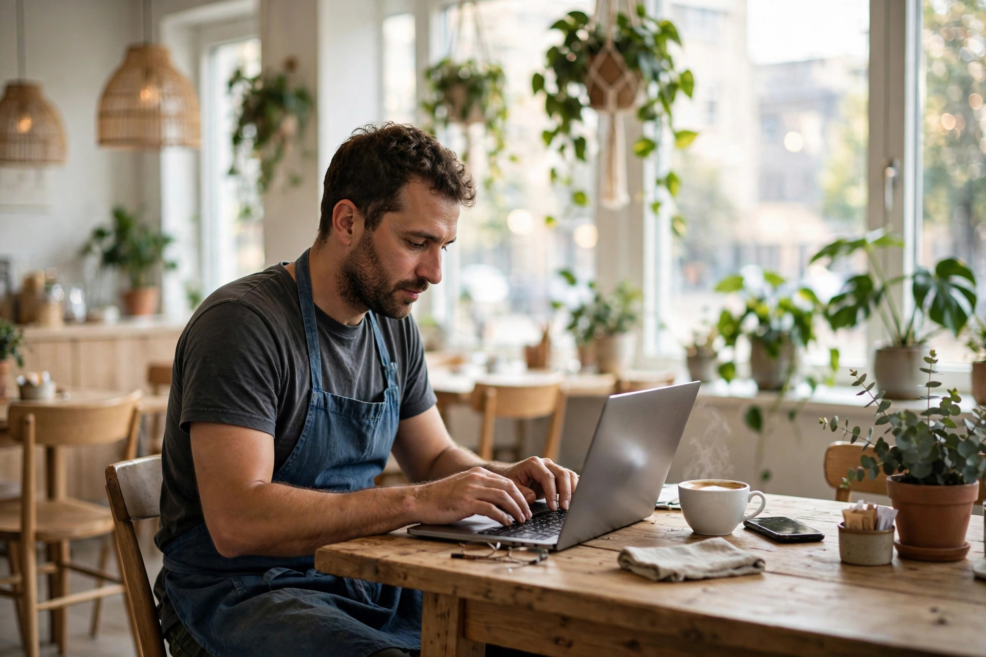 Restaurantinnehaver ved et trebord på en lys skandinavisk kafé som jobber på en laptop, med smarttelefon og kaffekopp ved siden av
