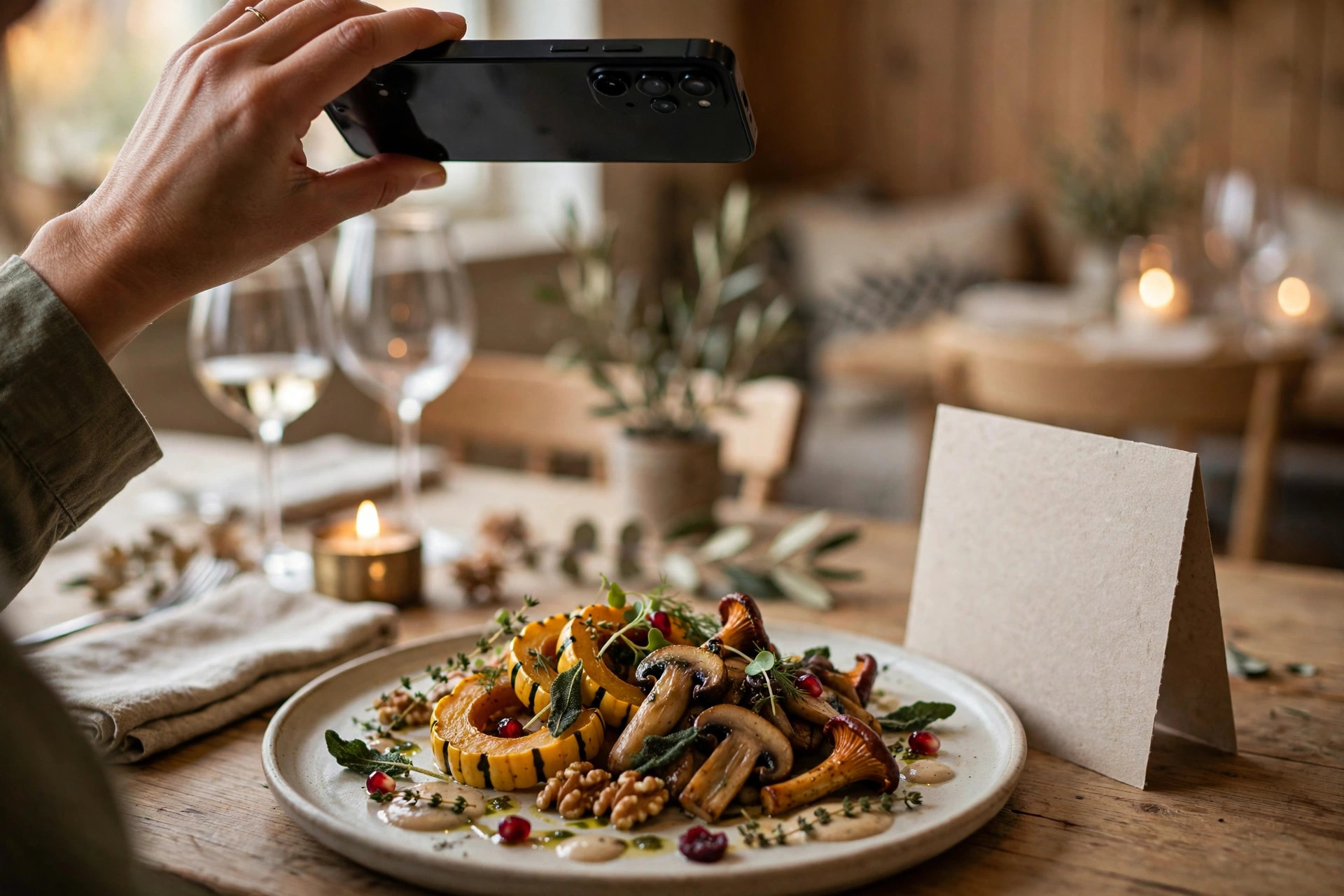 Asiakas kuvaa älypuhelimella syksyistä kausimenuannosta ravintolassa, pöydällä painettu kausimenu