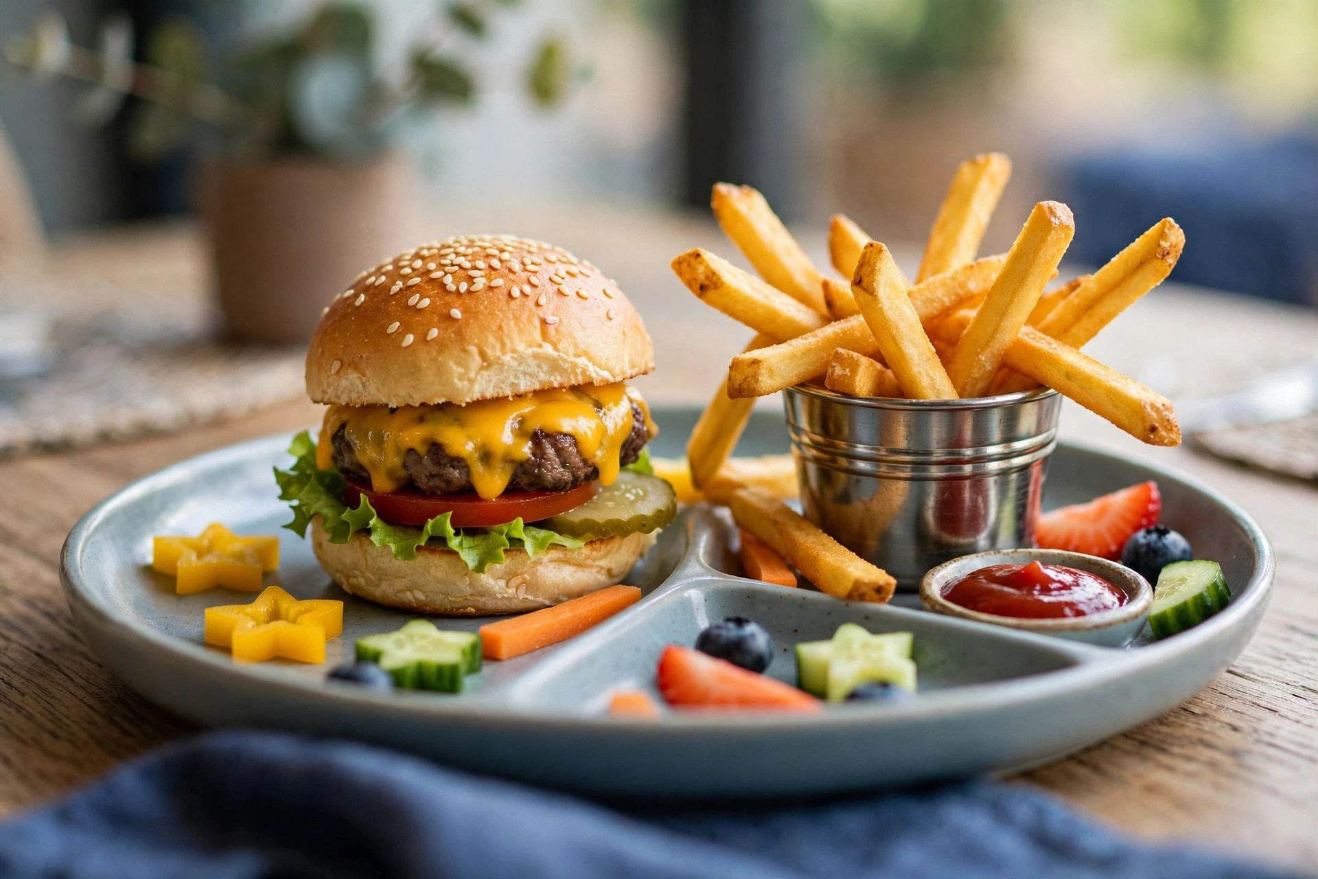 A colourful kids meal in a restaurant: a small burger and fries with a fun presentation