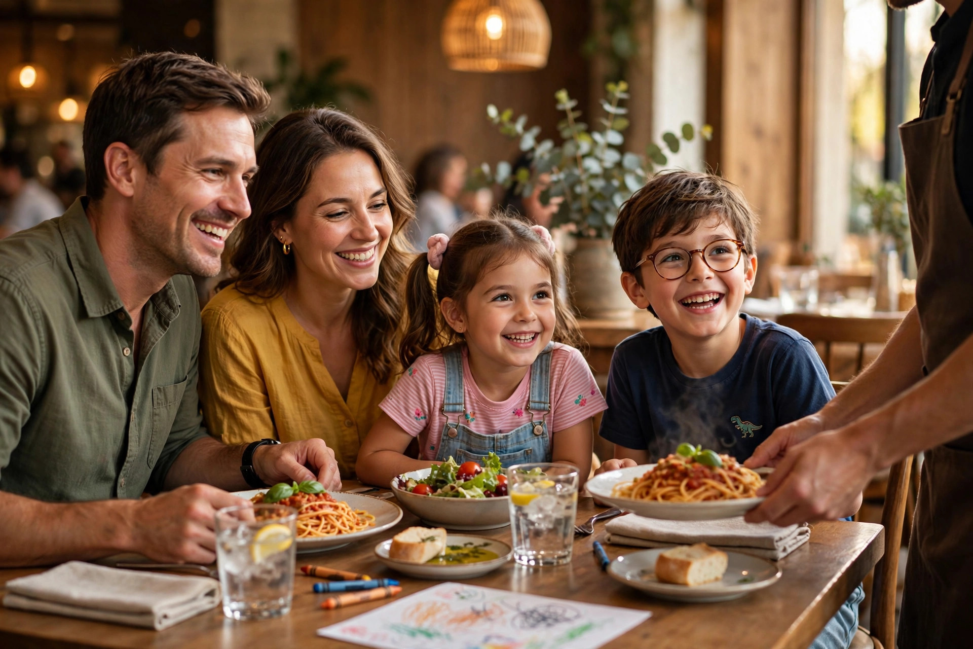A happy family with two young children being served food at a restaurant table