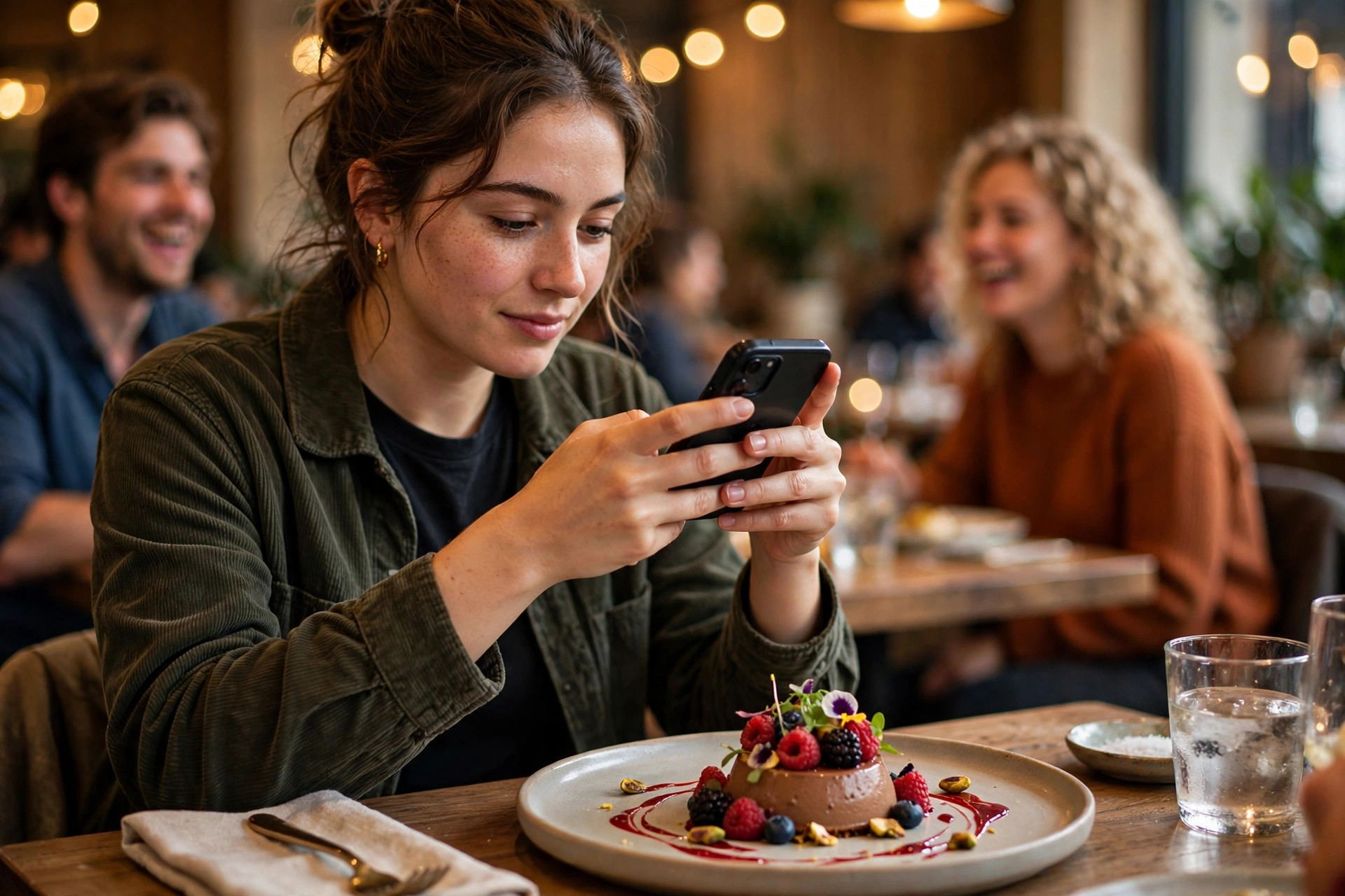 Ung kvinne som fotograferer en kunstferdig dessert med mobiltelefon i restaurant
