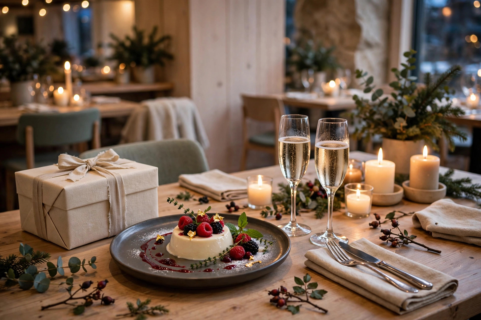 Festpyntet restaurantbord med gaveeske, dessert og champagneglass i varmt lys