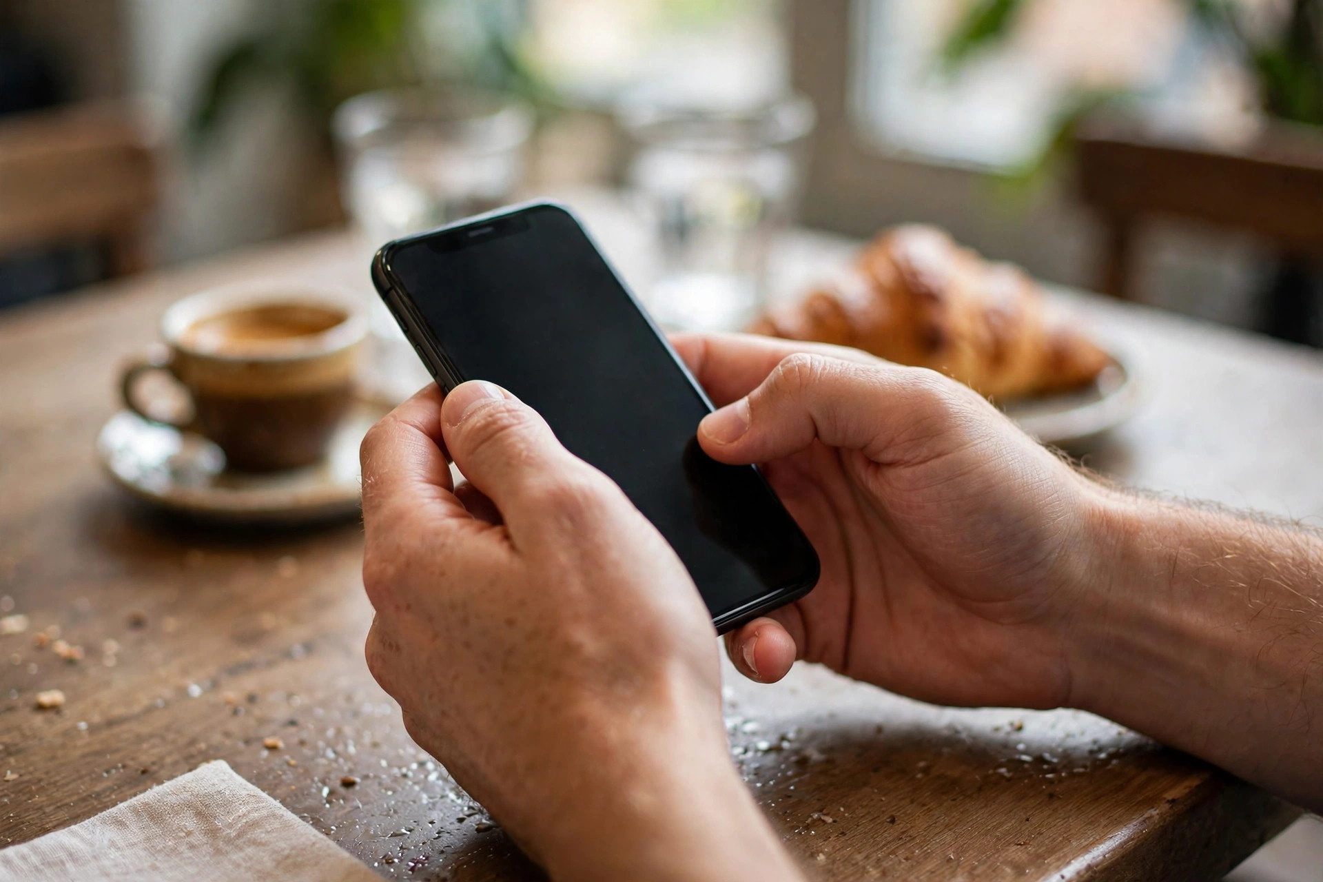 Gjest sjekker restaurantens nettside på mobilen ved et kafébord