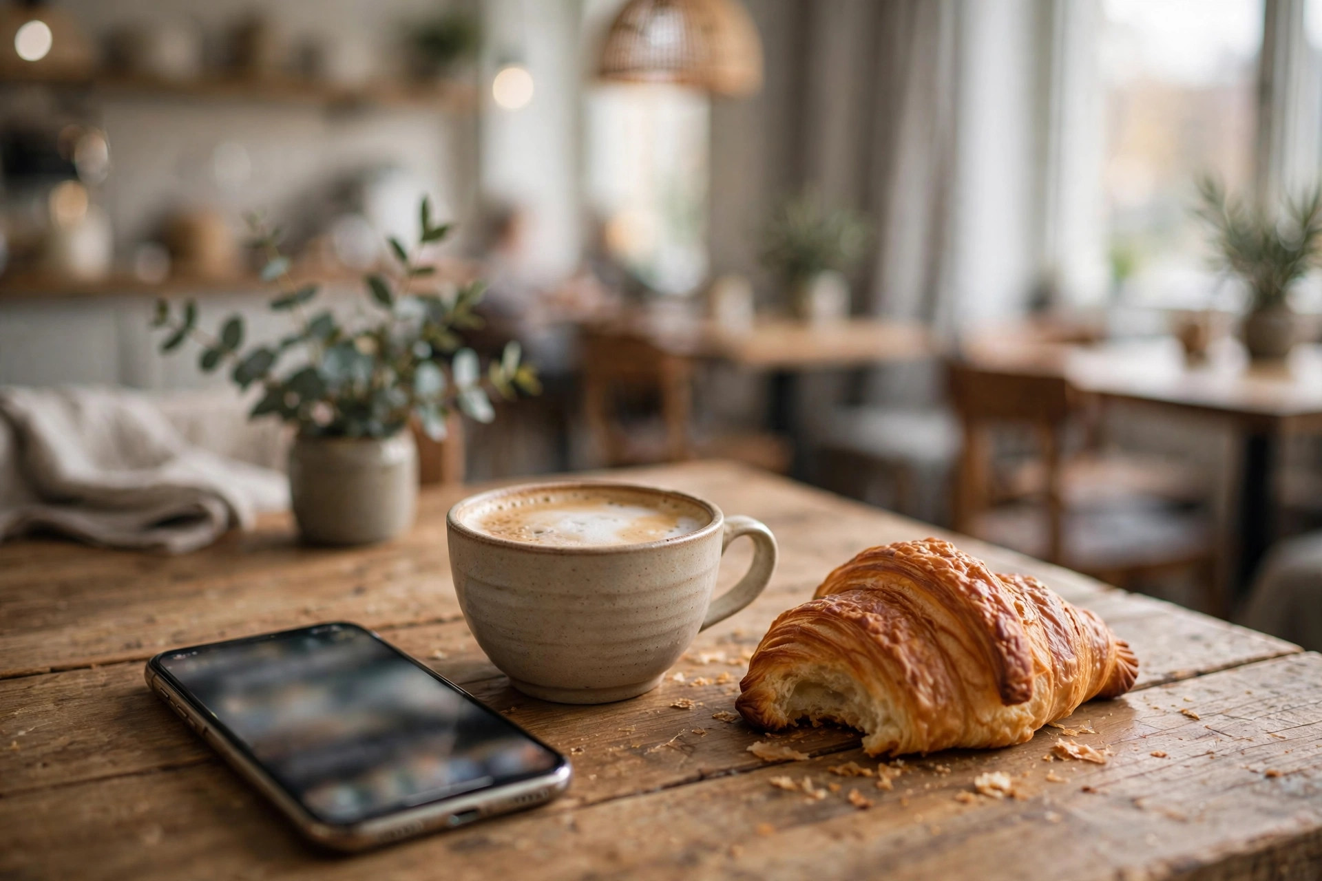 A guest's smartphone on a café table next to coffee and a pastry in morning light