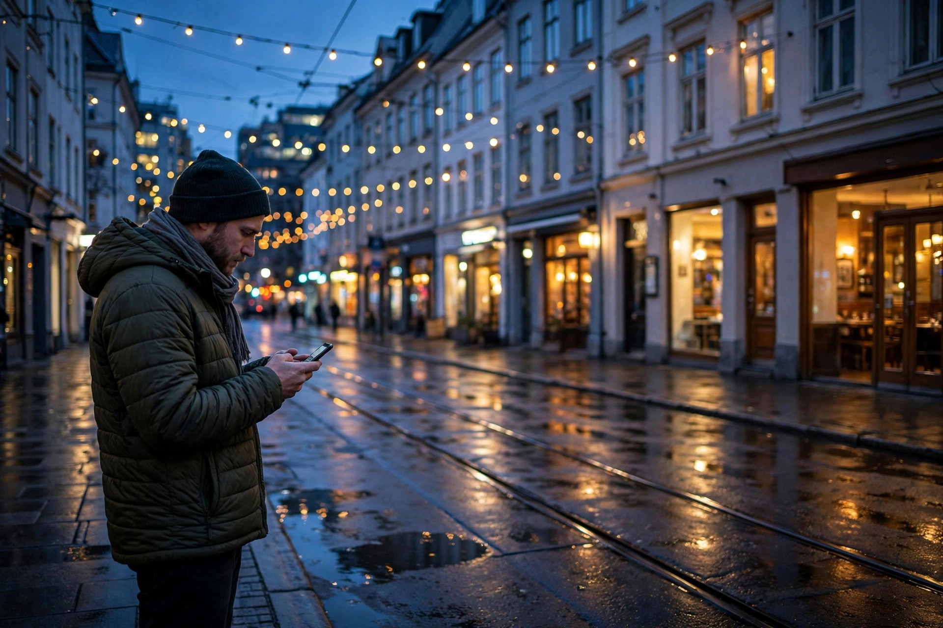 A guest checking a smartphone for restaurants in a Nordic city square at dusk