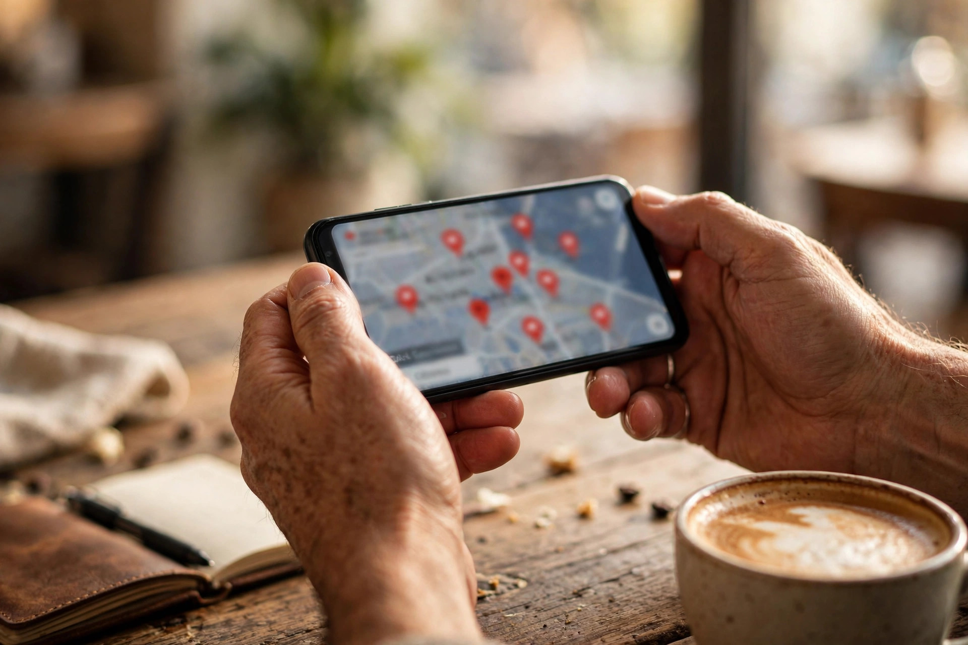 Restauranteier holder en smarttelefon med kartapp over et kafébord med kaffekopp og notatblokk