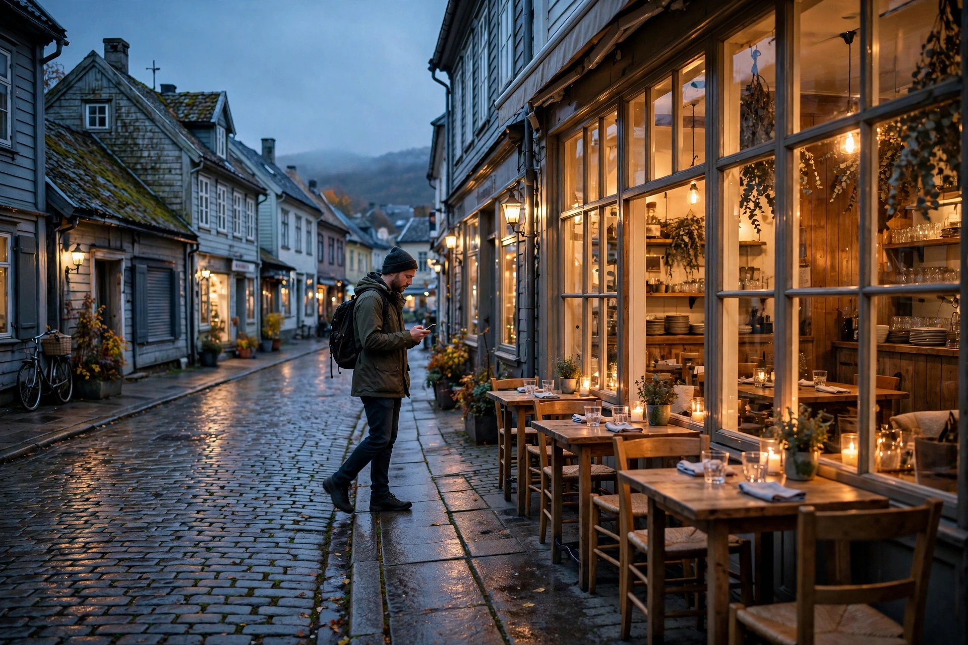 En mann sjekker telefonen sin utenfor en opplyst restaurant på en brosteinsgate i skumringen