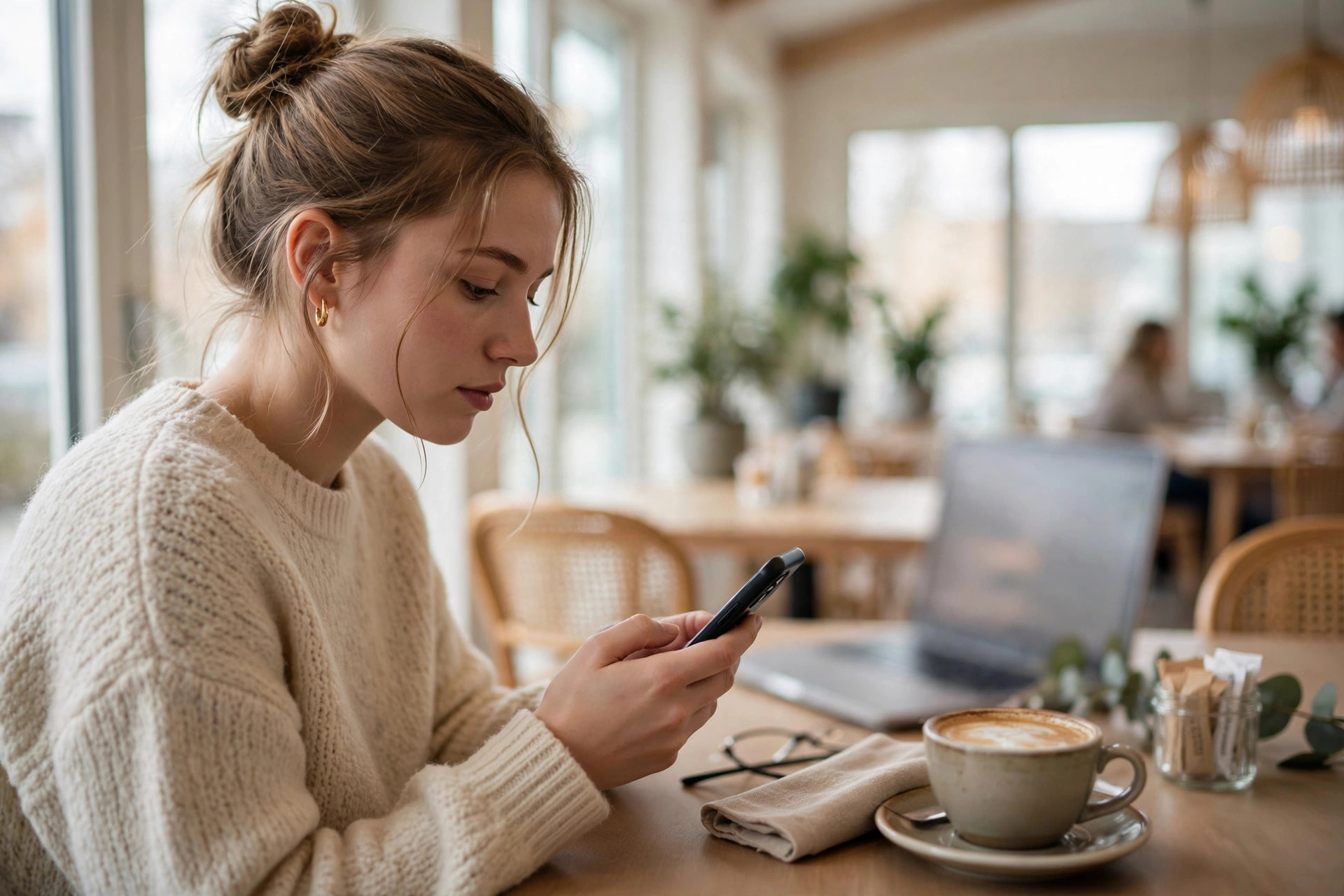Gjest på kafé som bruker smarttelefonen til å velge spisested