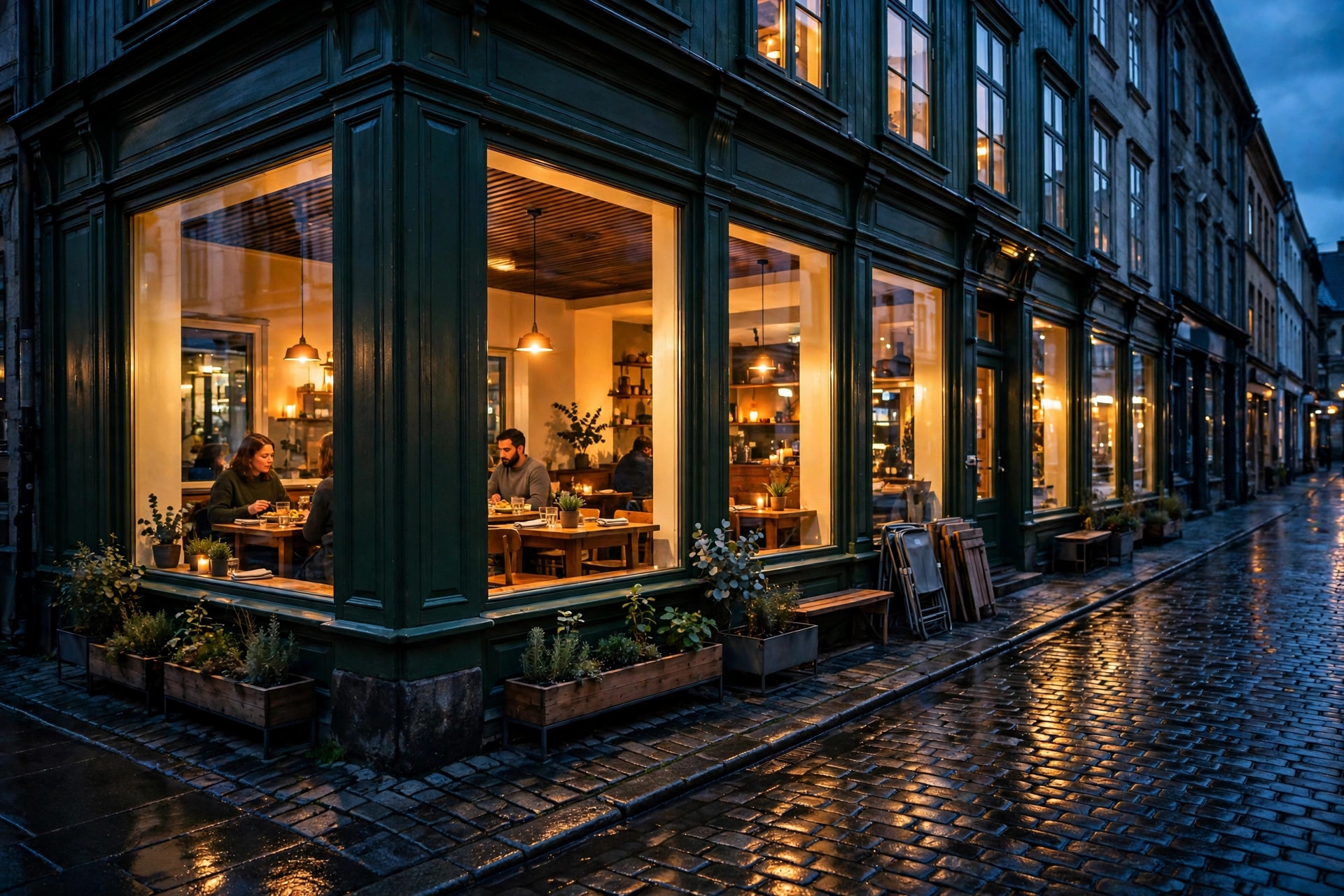 Koselig norsk restaurantfasade i blåtimen med varmt lys i vinduene