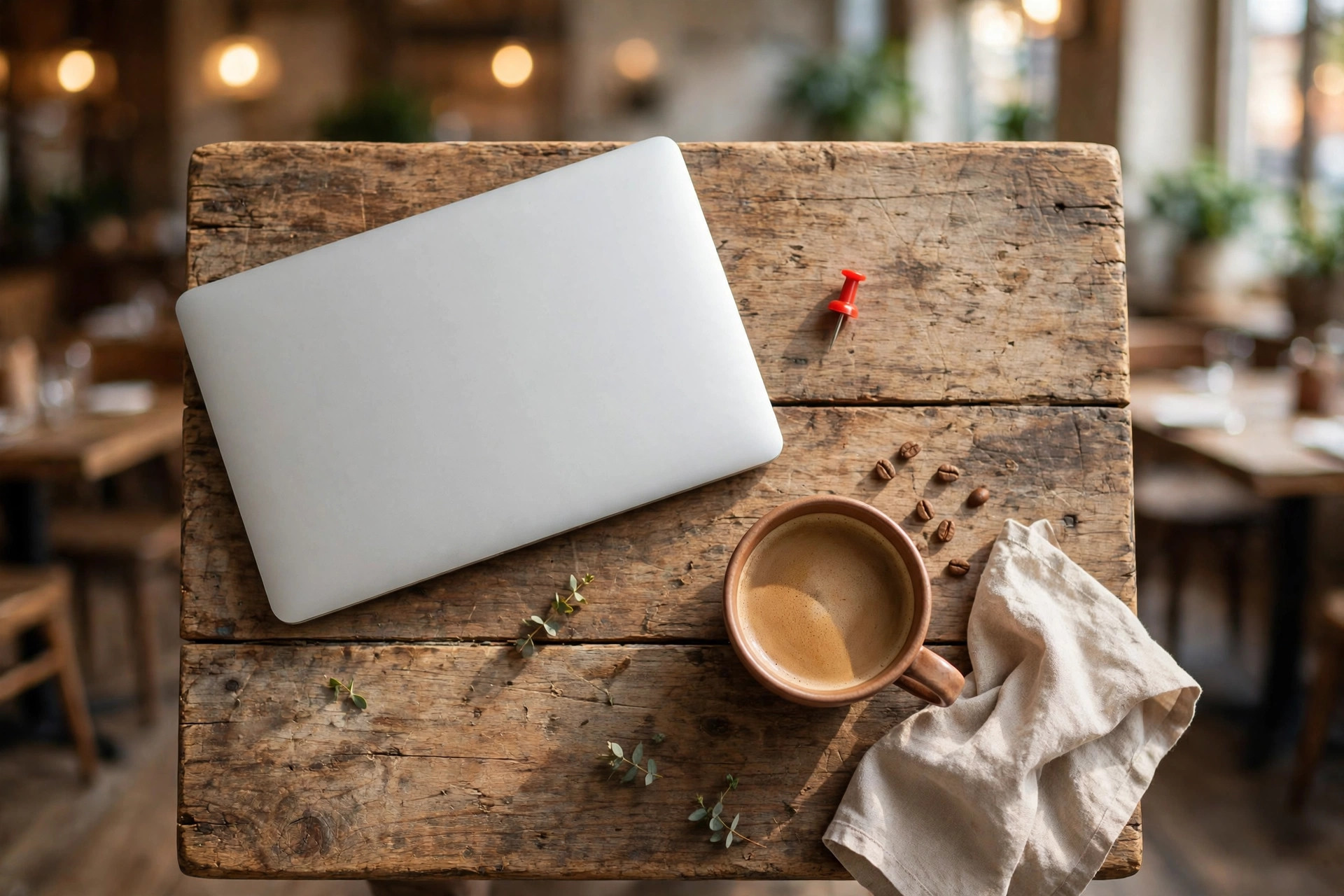 Laptop och kartnål på ett rustikt restaurangbord — så här konkret börjar sökordsarbetet: en plats, en skärm, en plan