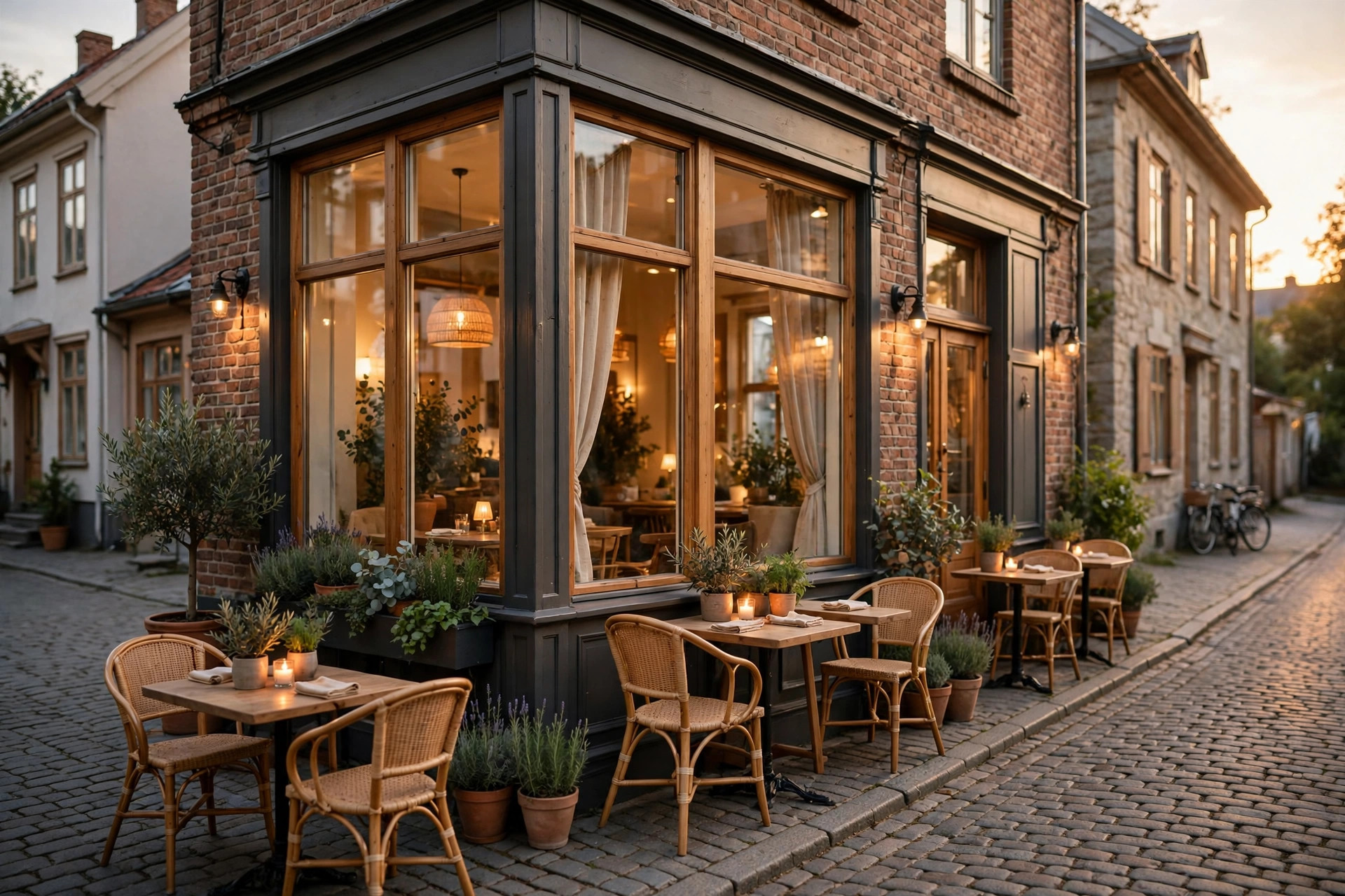 Charmig restaurangfasad på kullerstensgata i kvällsljus — den restaurang gästen hittar på Google ska se lika inbjudande ut i verkligheten
