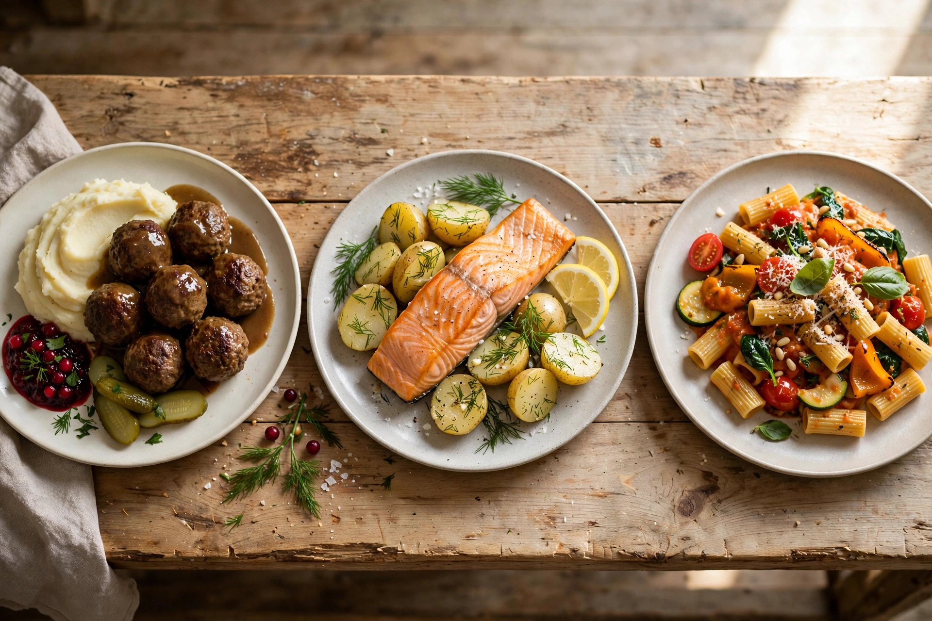 Tre olika dagens lunch-rätter uppdukade på en disk: köttbullar, lax och vegetarisk pasta