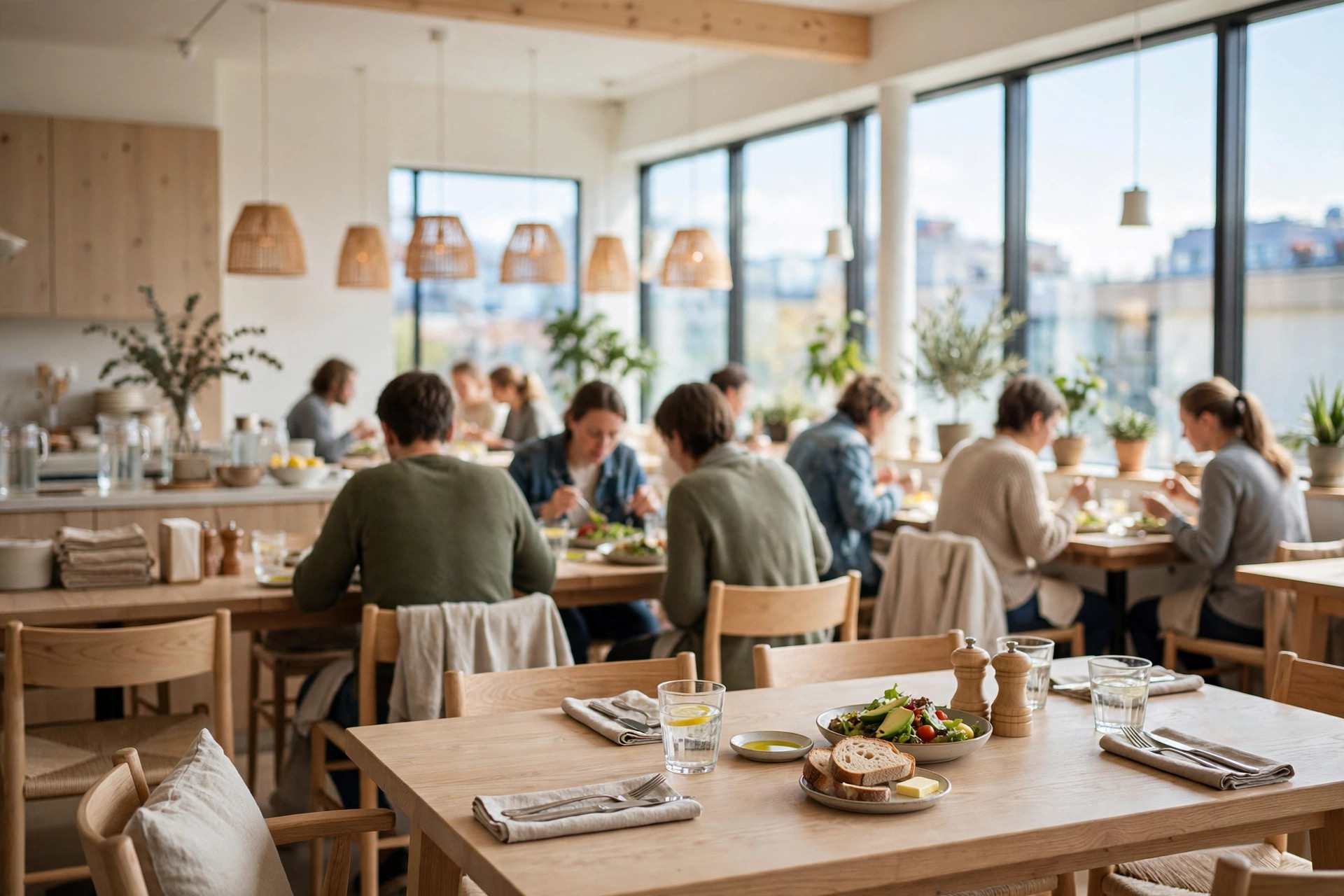 Ljus lunchrestaurang i dagsljus med gäster vid borden