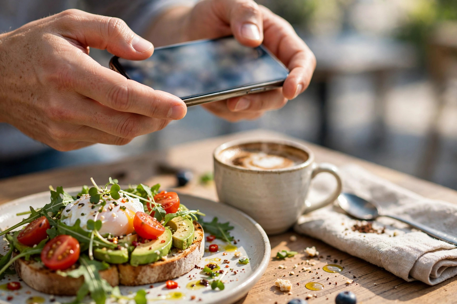 Hender som holder en smartmobil over et lunsjbord med mat og kaffe