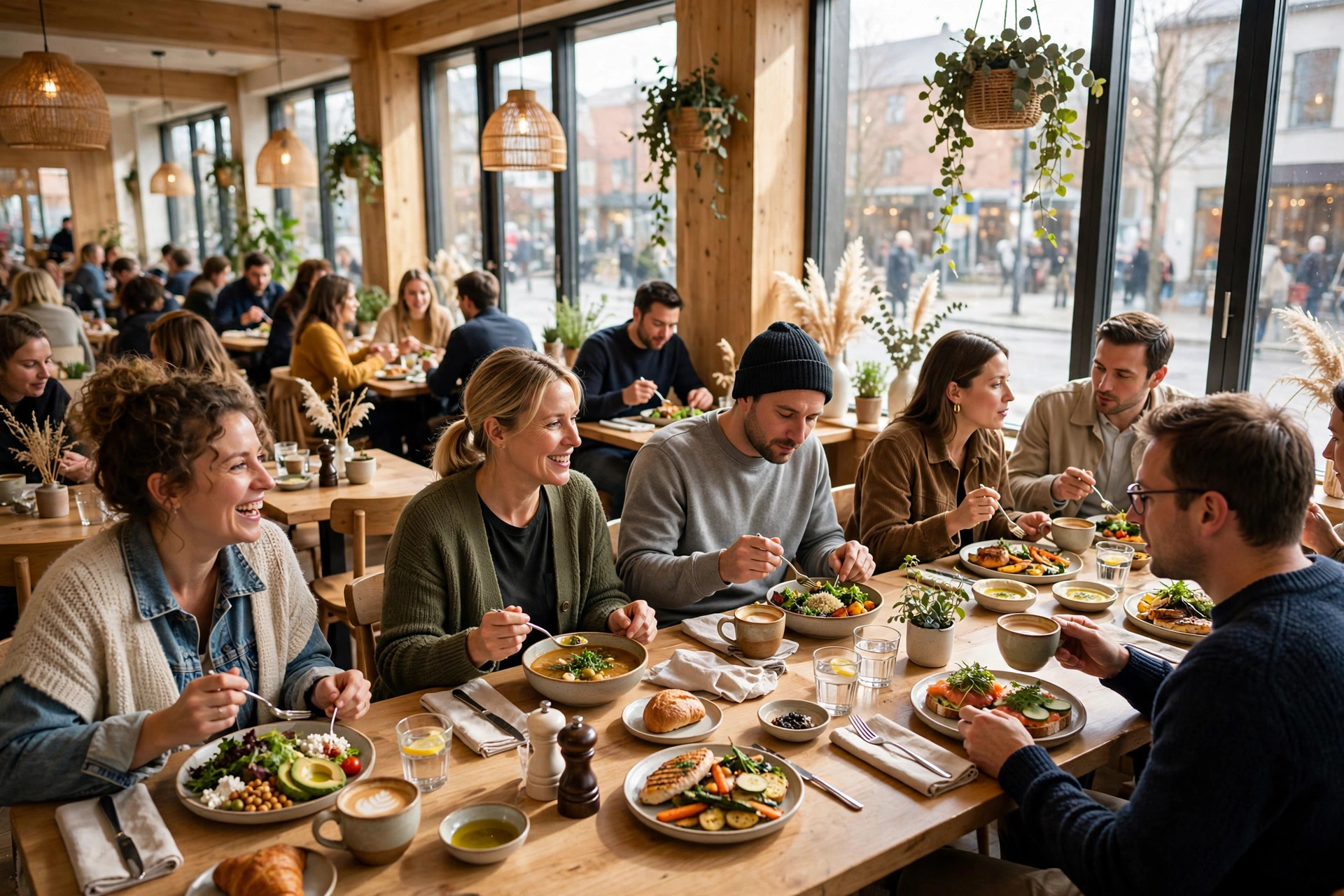 Travel kafé full av lunsjgjester i dagslys