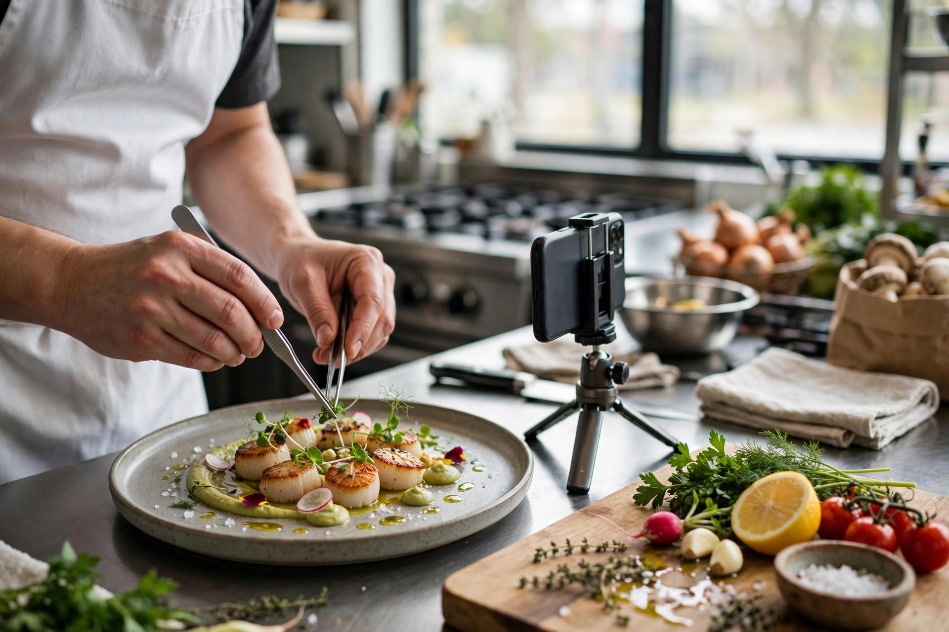 Kock som stylar en tallrik med pilgrimsmusslor medan en mobil på stativ fotograferar rätten i restaurangköket
