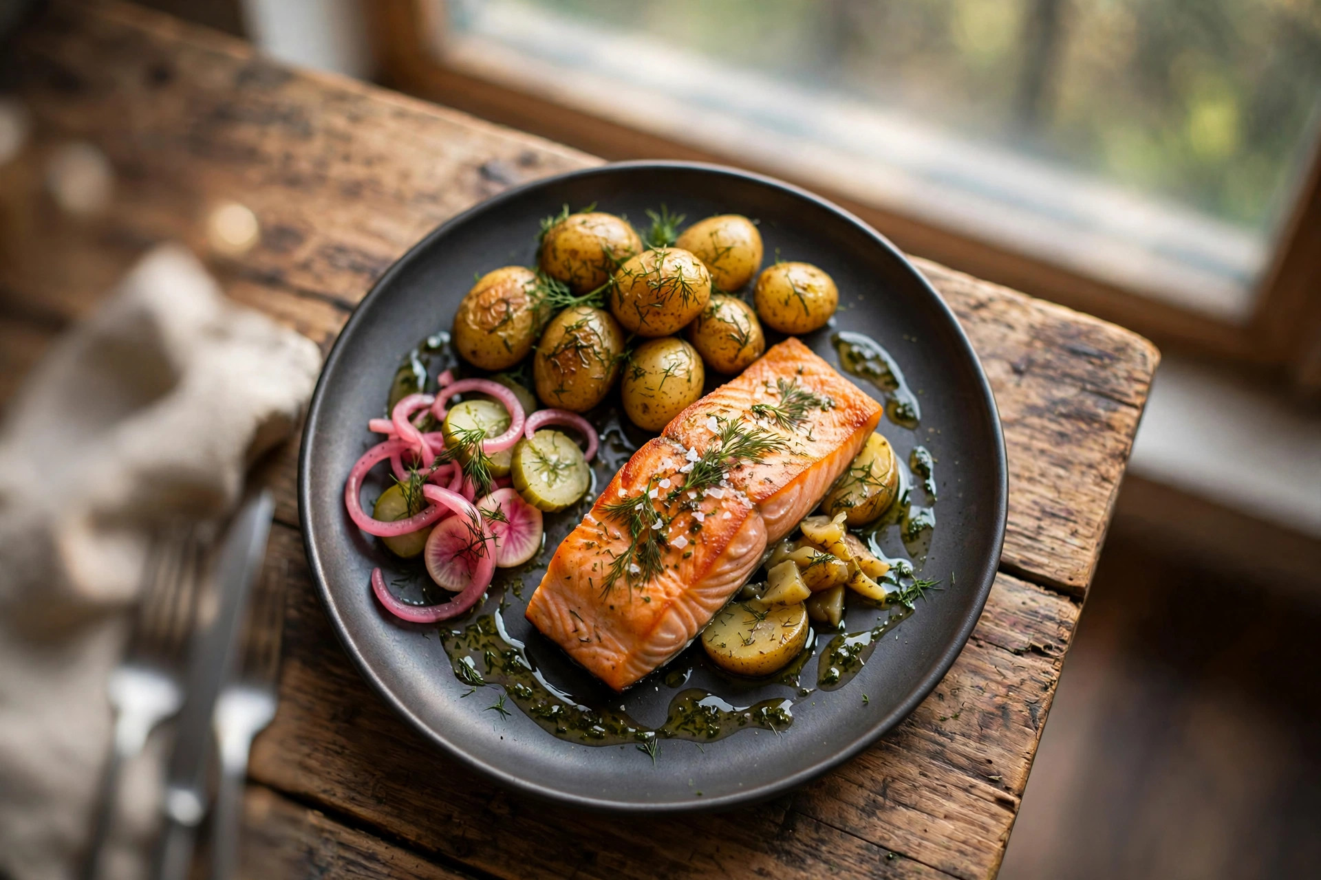 Stekt laxfilé med dillpotatis och picklade grönsaker på mörk keramiktallrik vid ett fönsterbord